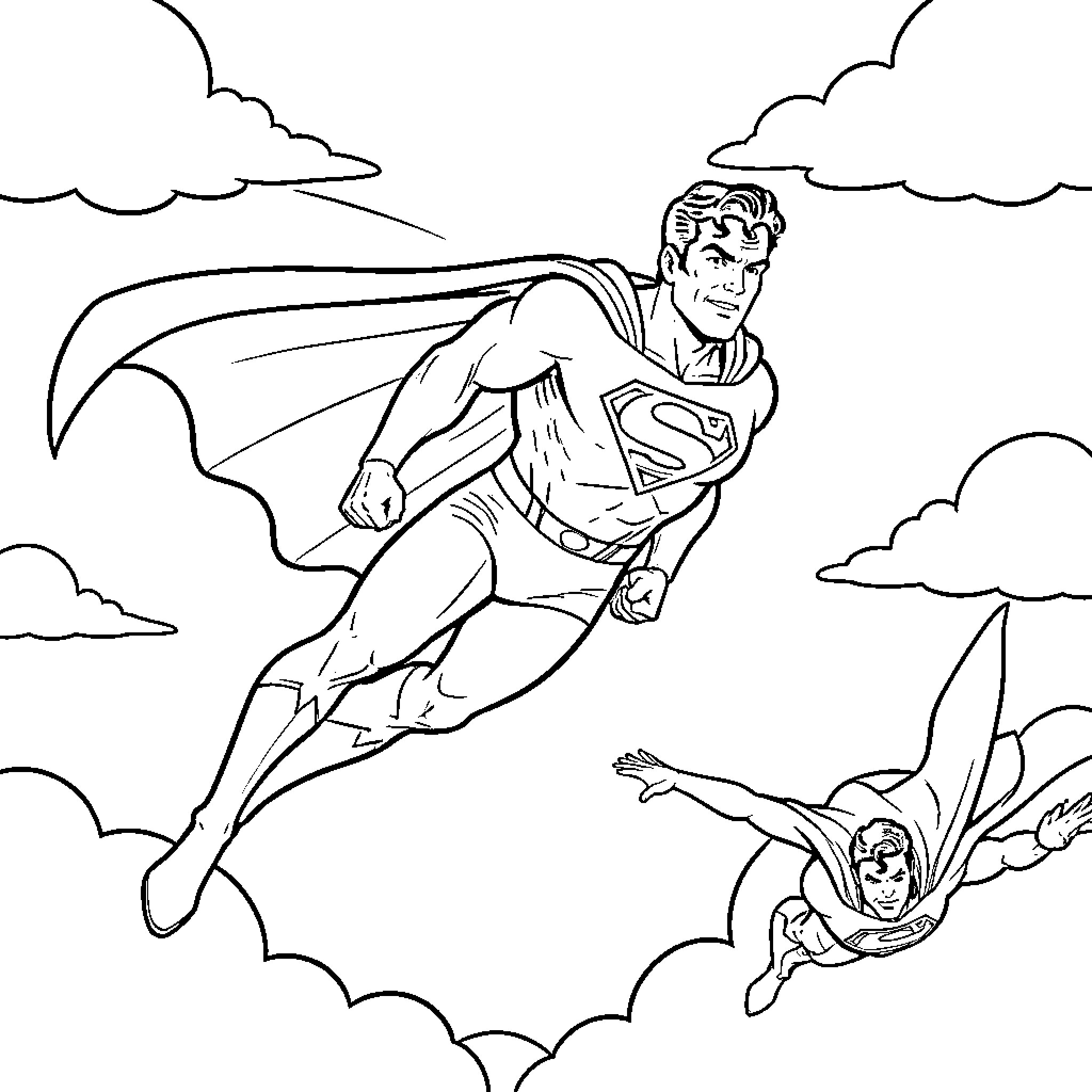 Superman flying heroically through the clouds Coloring Page (free black-and-white line drawing printable PDF for all, from beginners to advanced learners, including children, teens, adults, and seniors)