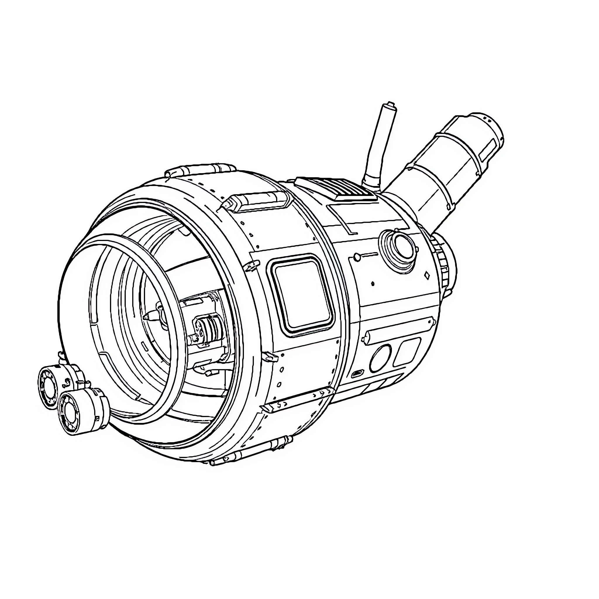 Soyuz spacecraft technical diagram Coloring Page (free black-and-white line drawing printable PDF for all, from beginners to advanced learners, including children, teens, adults, and seniors)