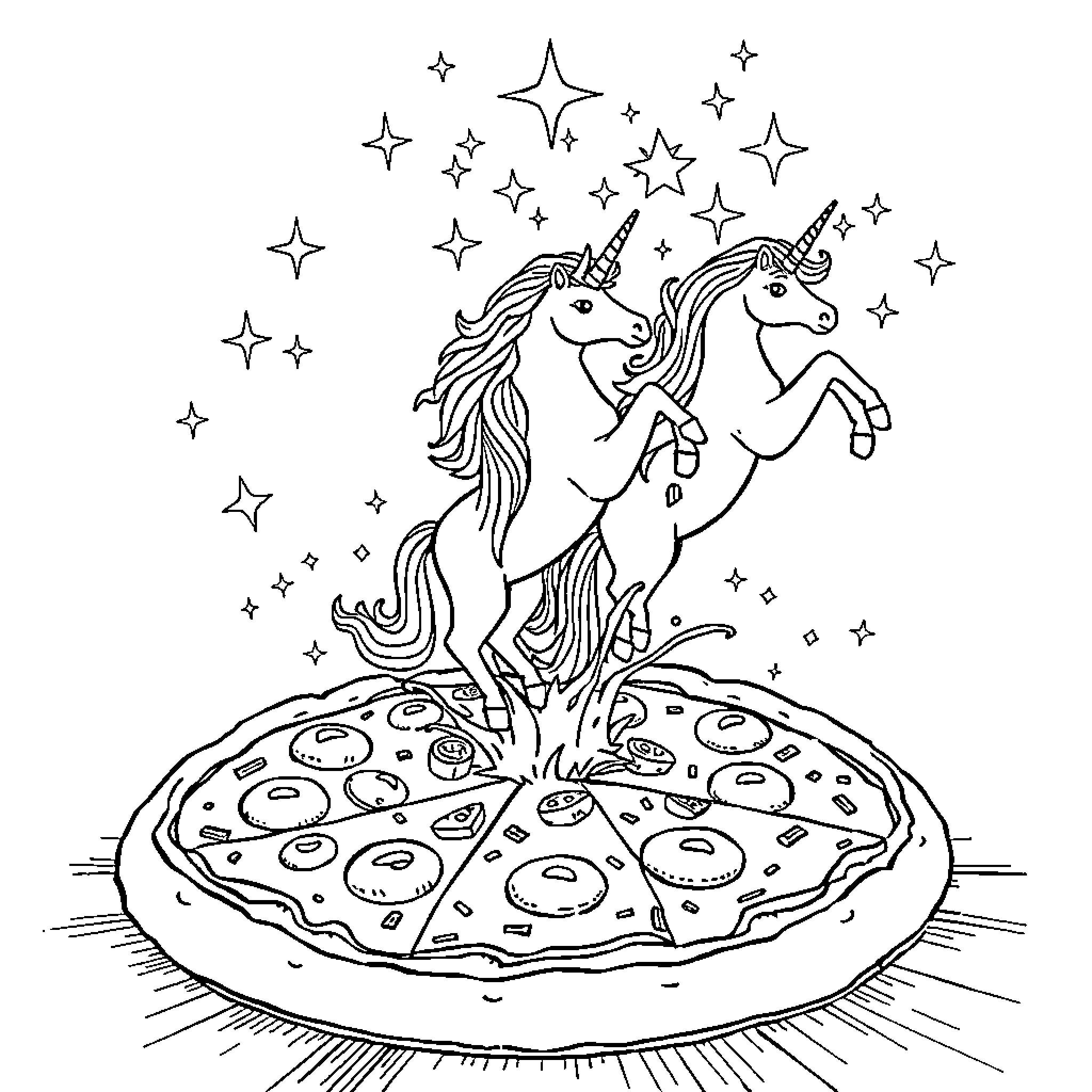 Pizza Unicorns Dancing Amidst Starry Skies Coloring Page (free black-and-white line drawing printable PDF for all, from beginners to advanced learners, including children, teens, adults, and seniors)