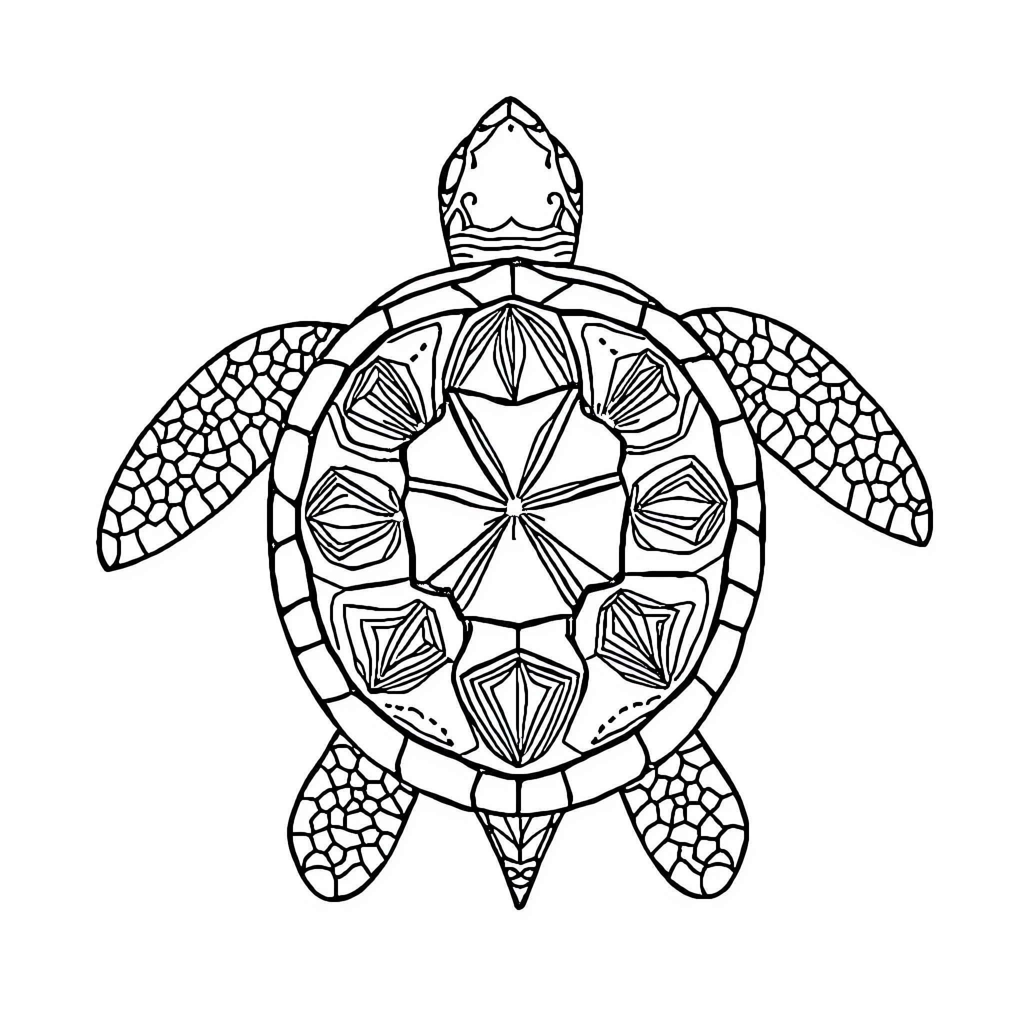 Turtle with intricate geometric shell pattern Coloring Page (free black-and-white line drawing printable PDF for all, from beginners to advanced learners, including children, teens, adults, and seniors)