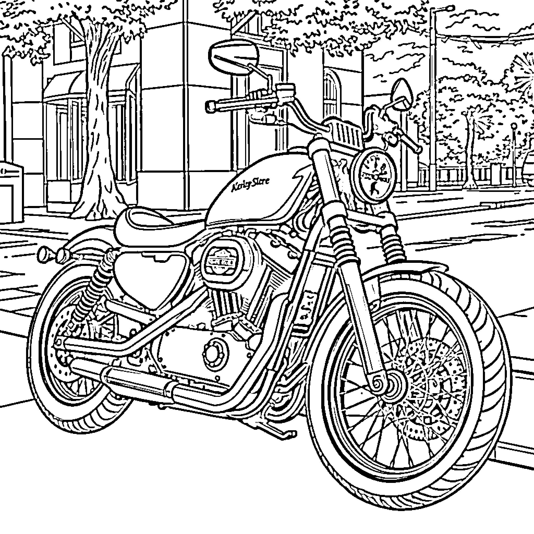 Harley Davidson motorcycle parked on city street Coloring Page (free black-and-white line drawing printable PDF for all, from beginners to advanced learners, including children, teens, adults, and seniors)