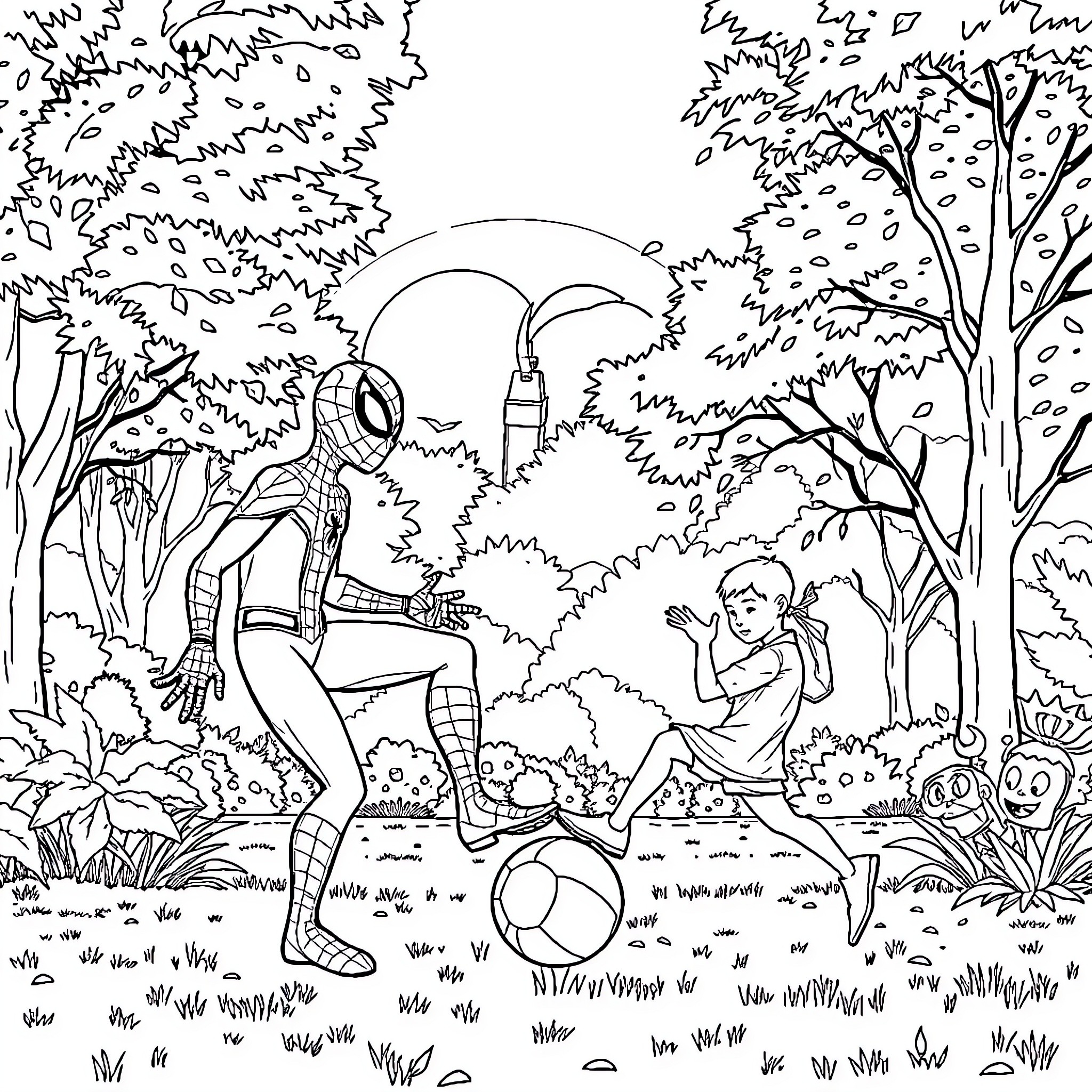 Spidey and friends explore the enchanted forest Coloring Page (free black-and-white line drawing printable PDF for all, from beginners to advanced learners, including children, teens, adults, and seniors)