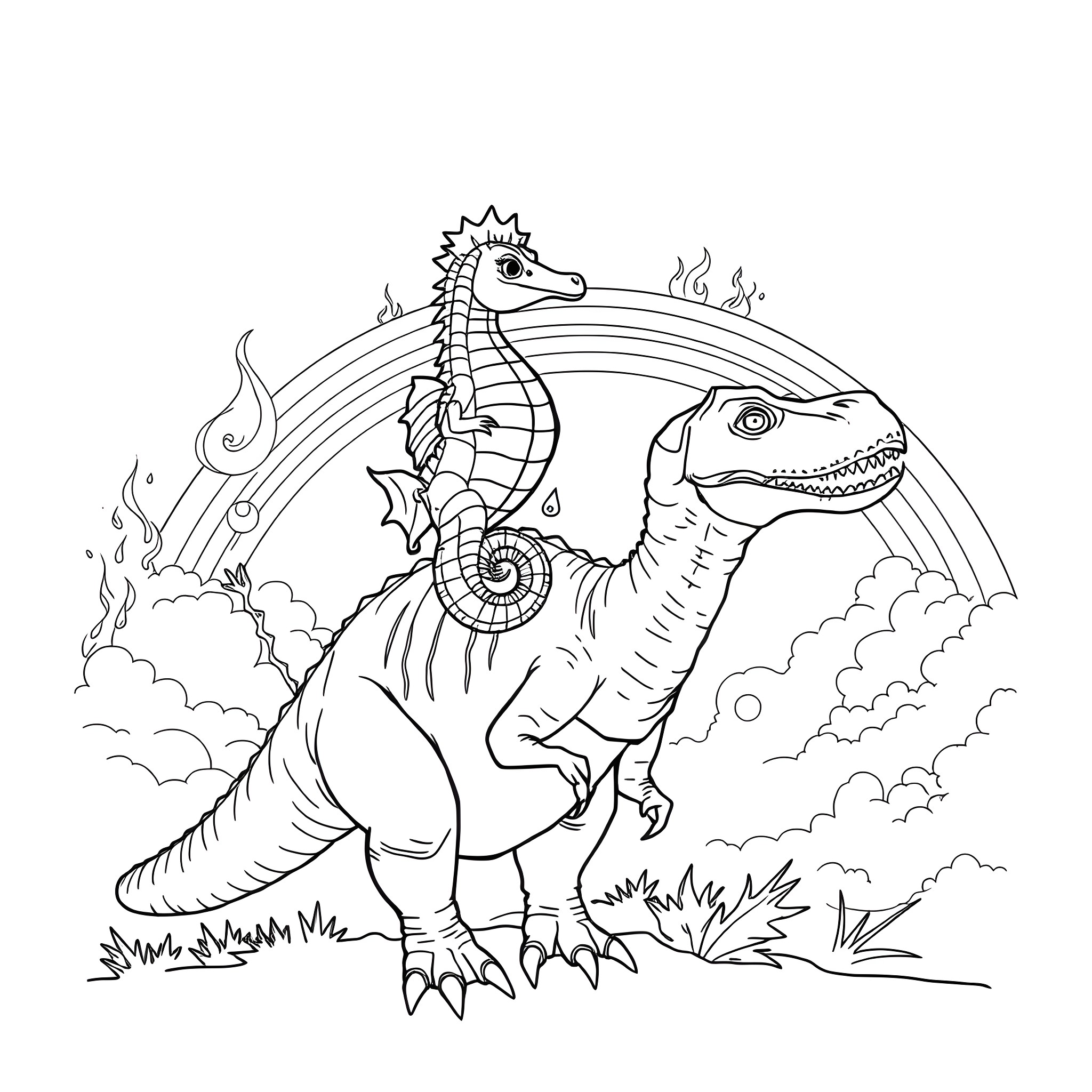 Seahorse riding majestic dinosaur against cloudy backdrop Coloring Page (free black-and-white line drawing printable PDF for all, from beginners to advanced learners, including children, teens, adults, and seniors)