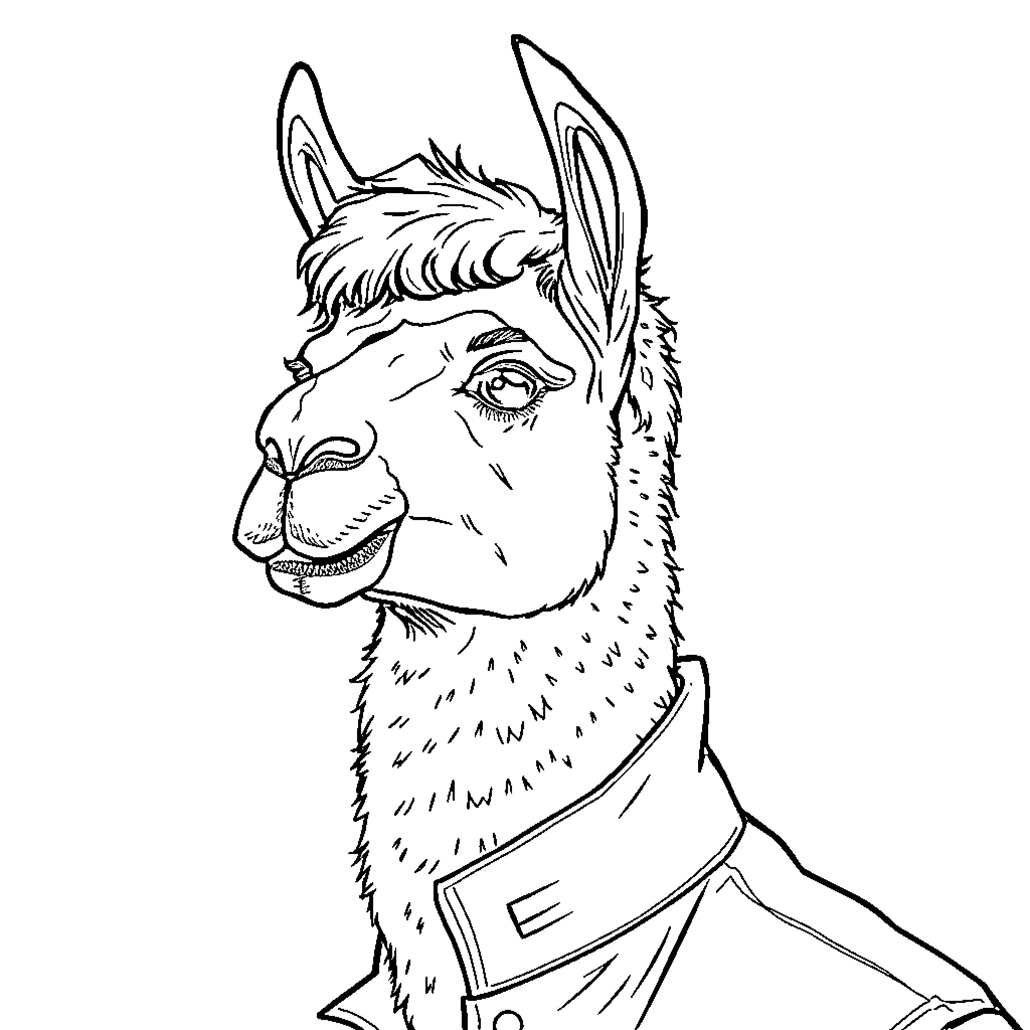 Llama wearing a hat and smiling Coloring Page (free black-and-white line drawing printable PDF for all, from beginners to advanced learners, including children, teens, adults, and seniors)