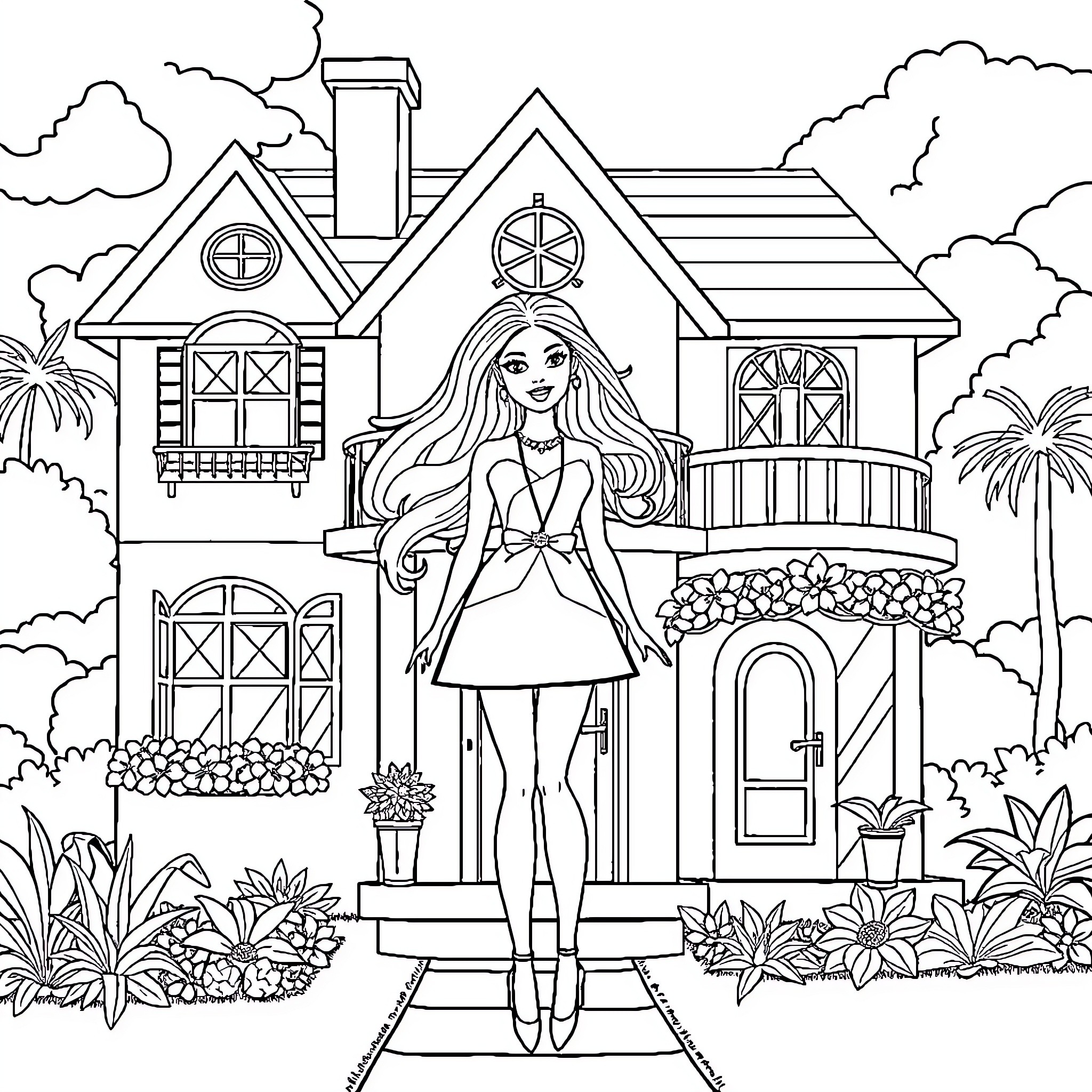 Barbie posing confidently in front of her stylish home Coloring Page (free black-and-white line drawing printable PDF for all, from beginners to advanced learners, including children, teens, adults, and seniors)