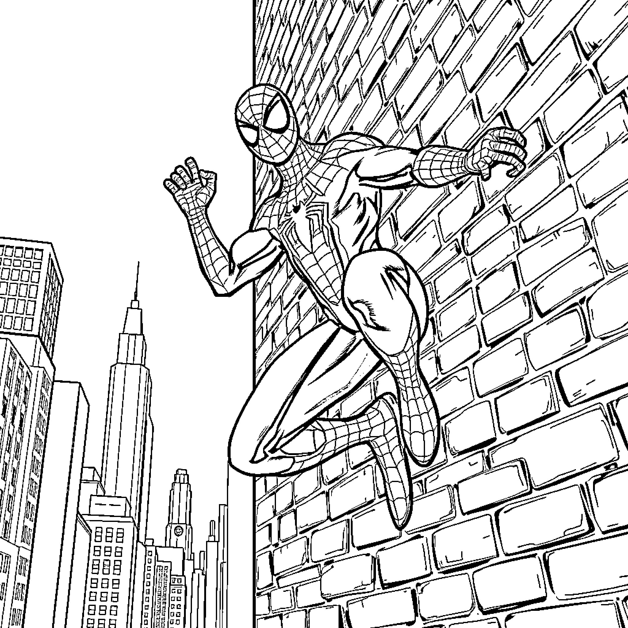 Spiderman scaling a brick wall in the city Coloring Page (free black-and-white line drawing printable PDF for all, from beginners to advanced learners, including children, teens, adults, and seniors)