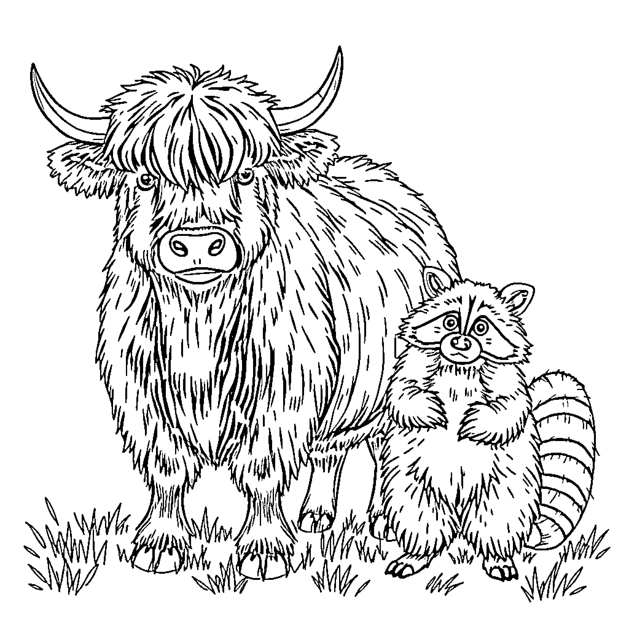 Highland Cow and Curious Raccoon in Meadow Coloring Page (free black-and-white line drawing printable PDF for all, from beginners to advanced learners, including children, teens, adults, and seniors)