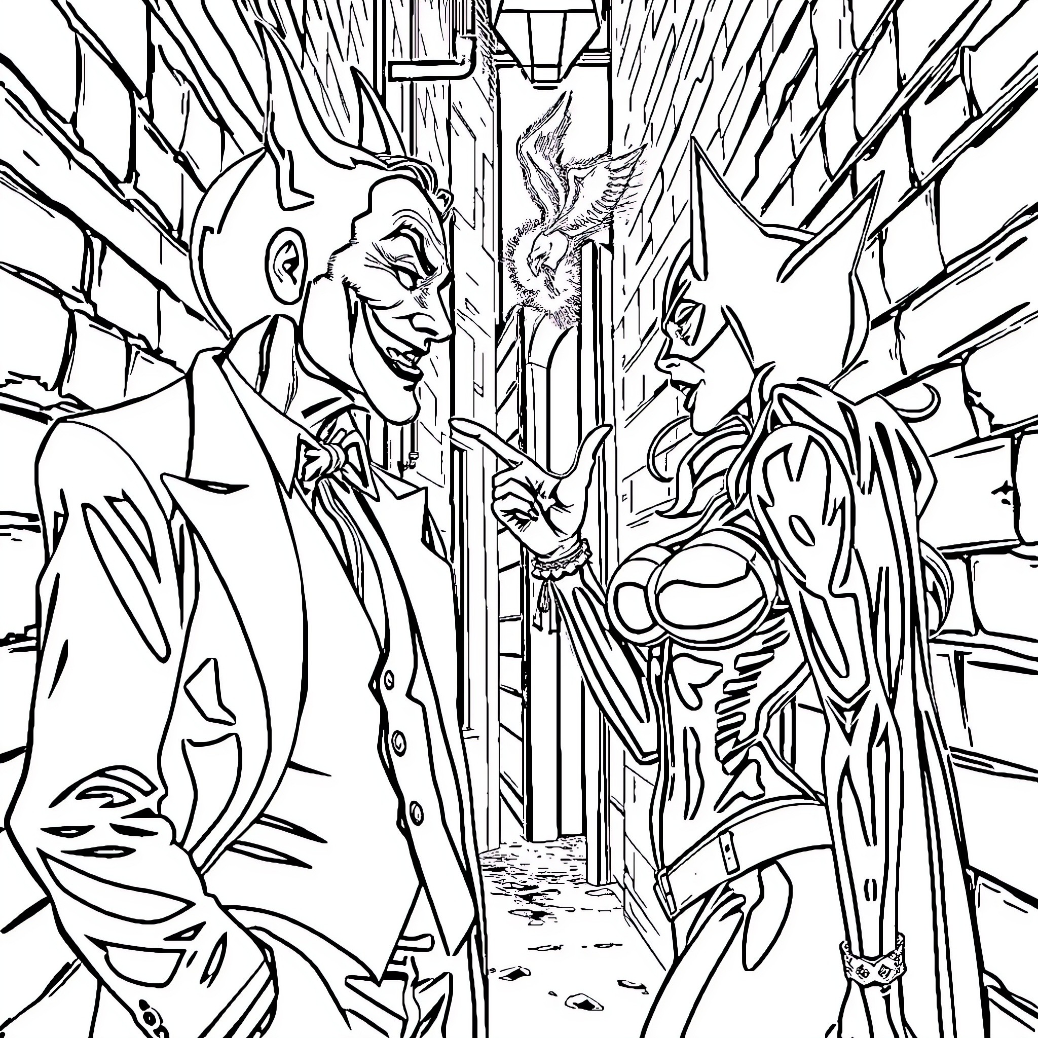 Joker's Menacing Presence in Chaotic City Alley Coloring Page (free black-and-white line drawing printable PDF for all, from beginners to advanced learners, including children, teens, adults, and seniors)