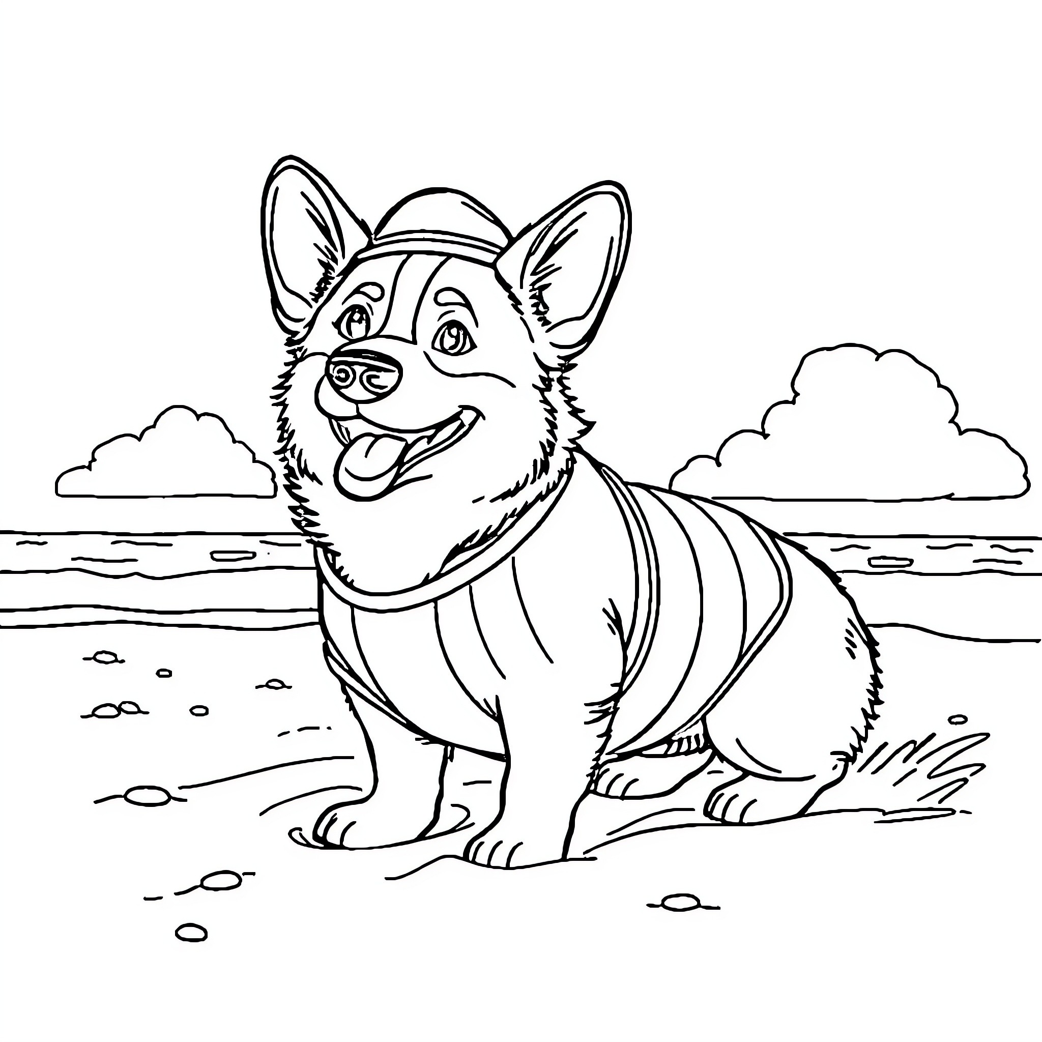 Corgi enjoying the outdoors on the beach Coloring Page (free black-and-white line drawing printable PDF for all, from beginners to advanced learners, including children, teens, adults, and seniors)