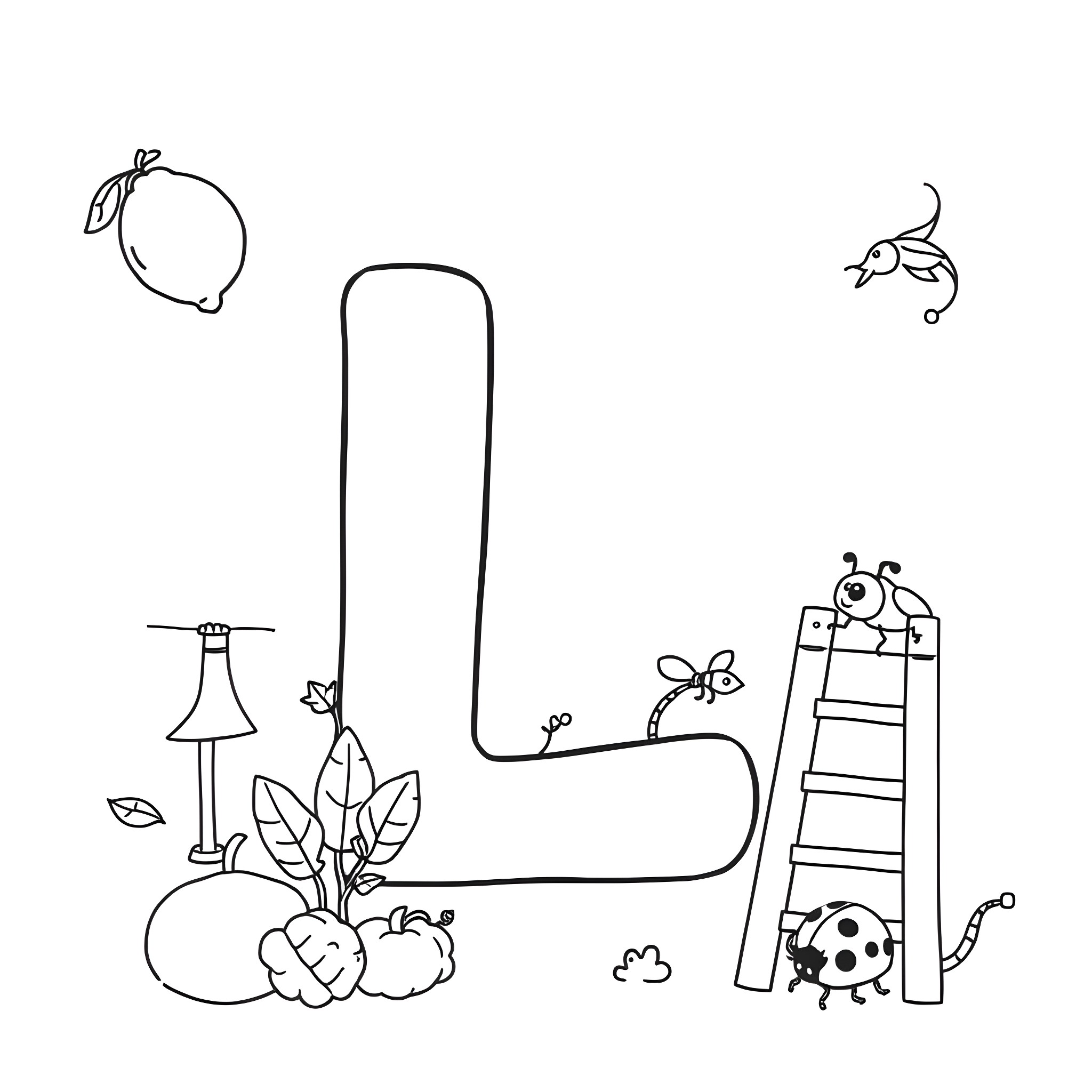 Letter L with whimsical objects and creatures Coloring Page (free black-and-white line drawing printable PDF for all, from beginners to advanced learners, including children, teens, adults, and seniors)