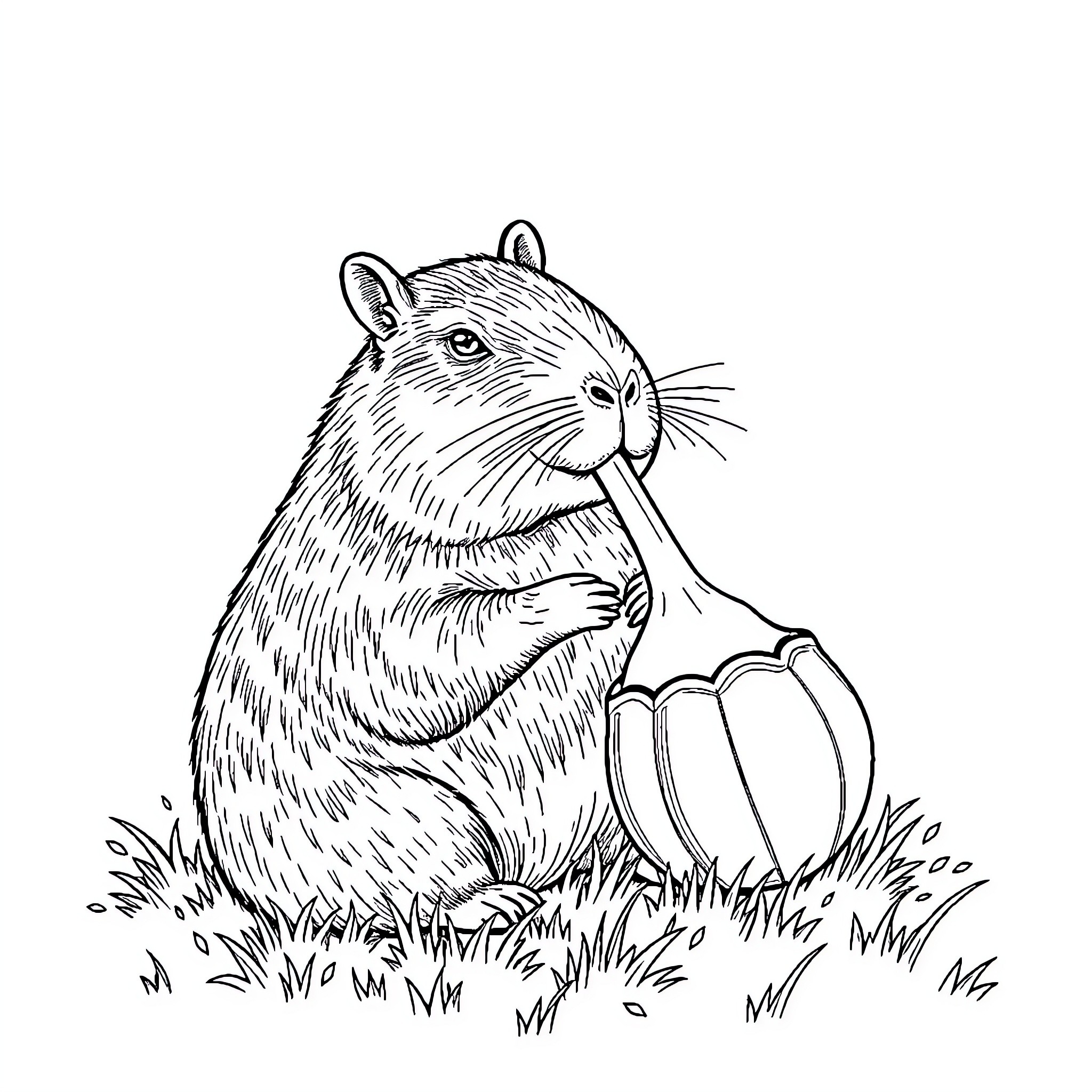 Capybara enjoying a snack in the grass Coloring Page (free black-and-white line drawing printable PDF for all, from beginners to advanced learners, including children, teens, adults, and seniors)
