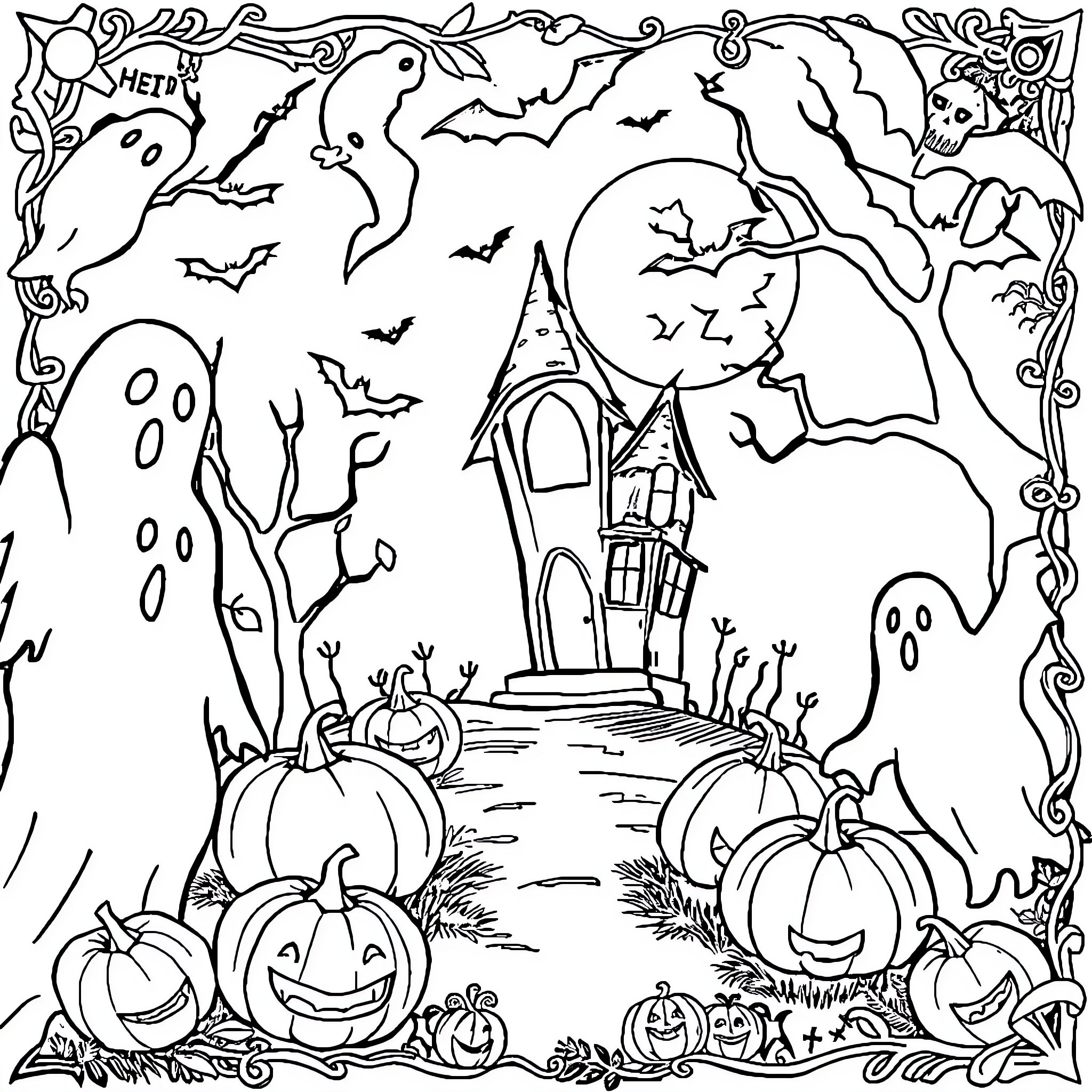 Halloween Spooky Haunted House with Ghostly Figures Coloring Page (free black-and-white line drawing printable PDF for all, from beginners to advanced learners, including children, teens, adults, and seniors)