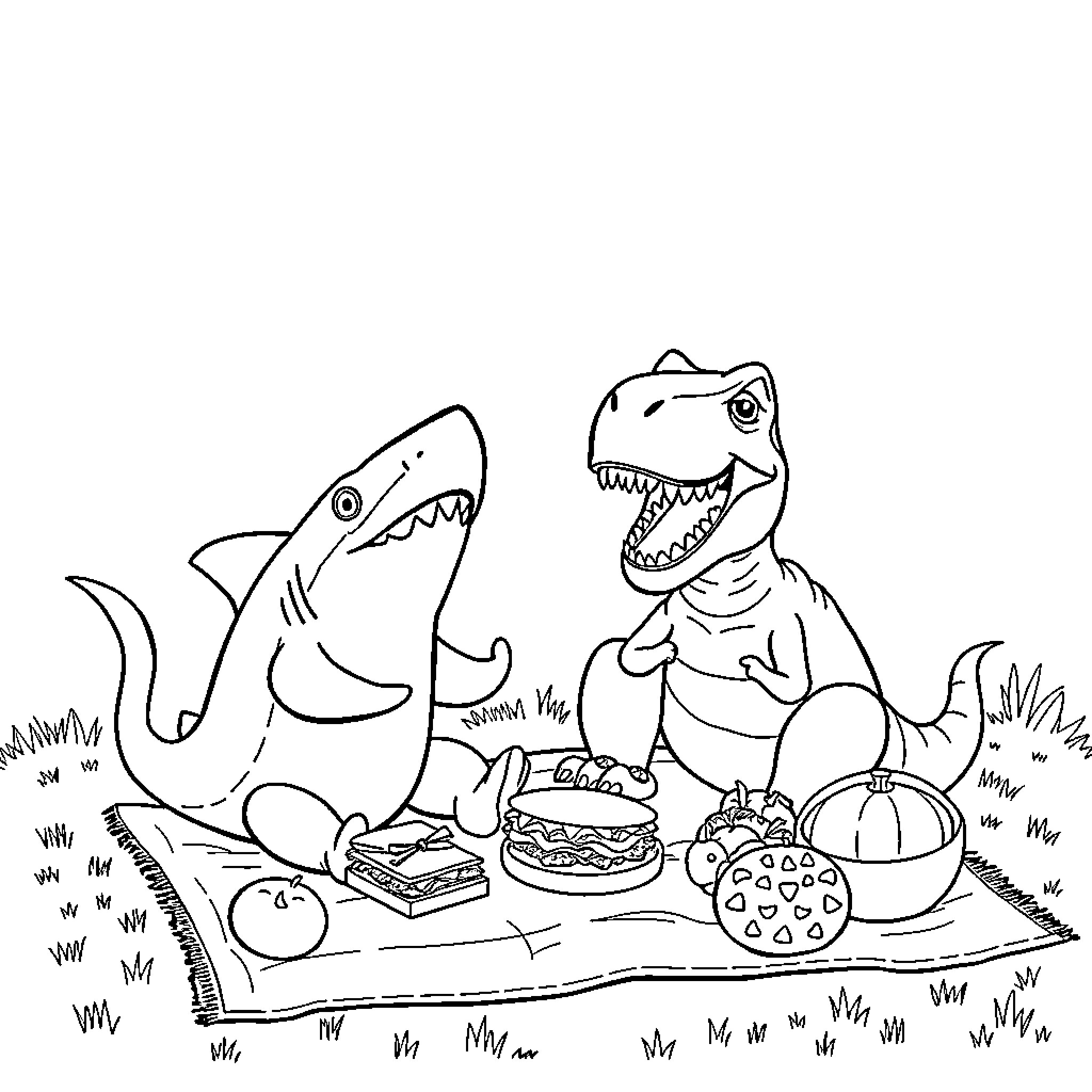 Sharks having a picnic in the park Coloring Page (free black-and-white line drawing printable PDF for all, from beginners to advanced learners, including children, teens, adults, and seniors)