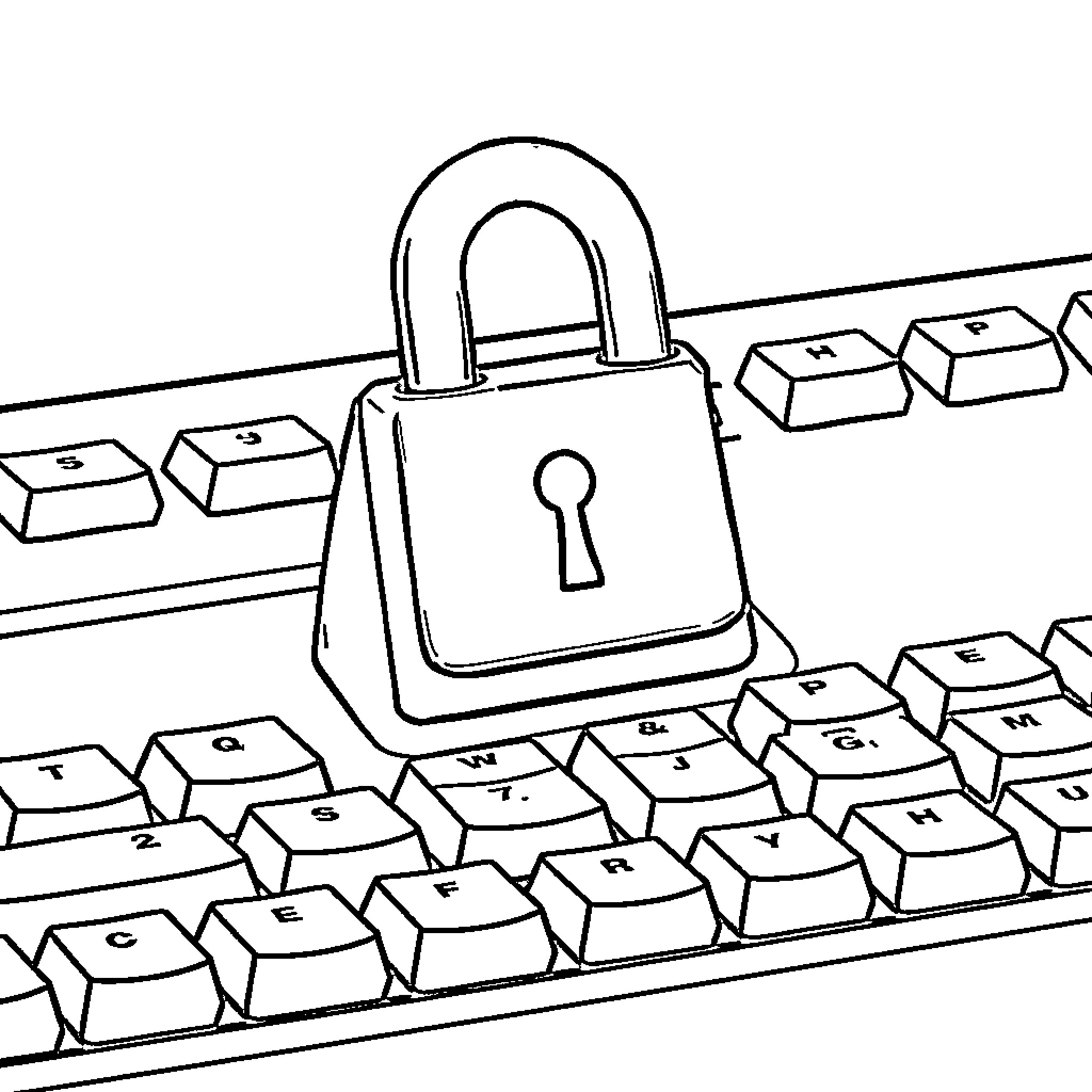 Keyboard with Locked Security Padlock Coloring Page (free black-and-white line drawing printable PDF for all, from beginners to advanced learners, including children, teens, adults, and seniors)