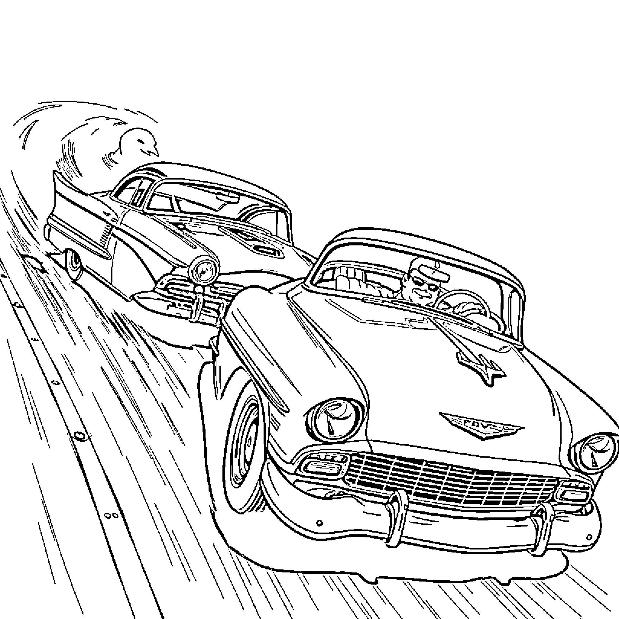 Coupe cars racing at high speed Coloring Page (free black-and-white line drawing printable PDF for all, from beginners to advanced learners, including children, teens, adults, and seniors)