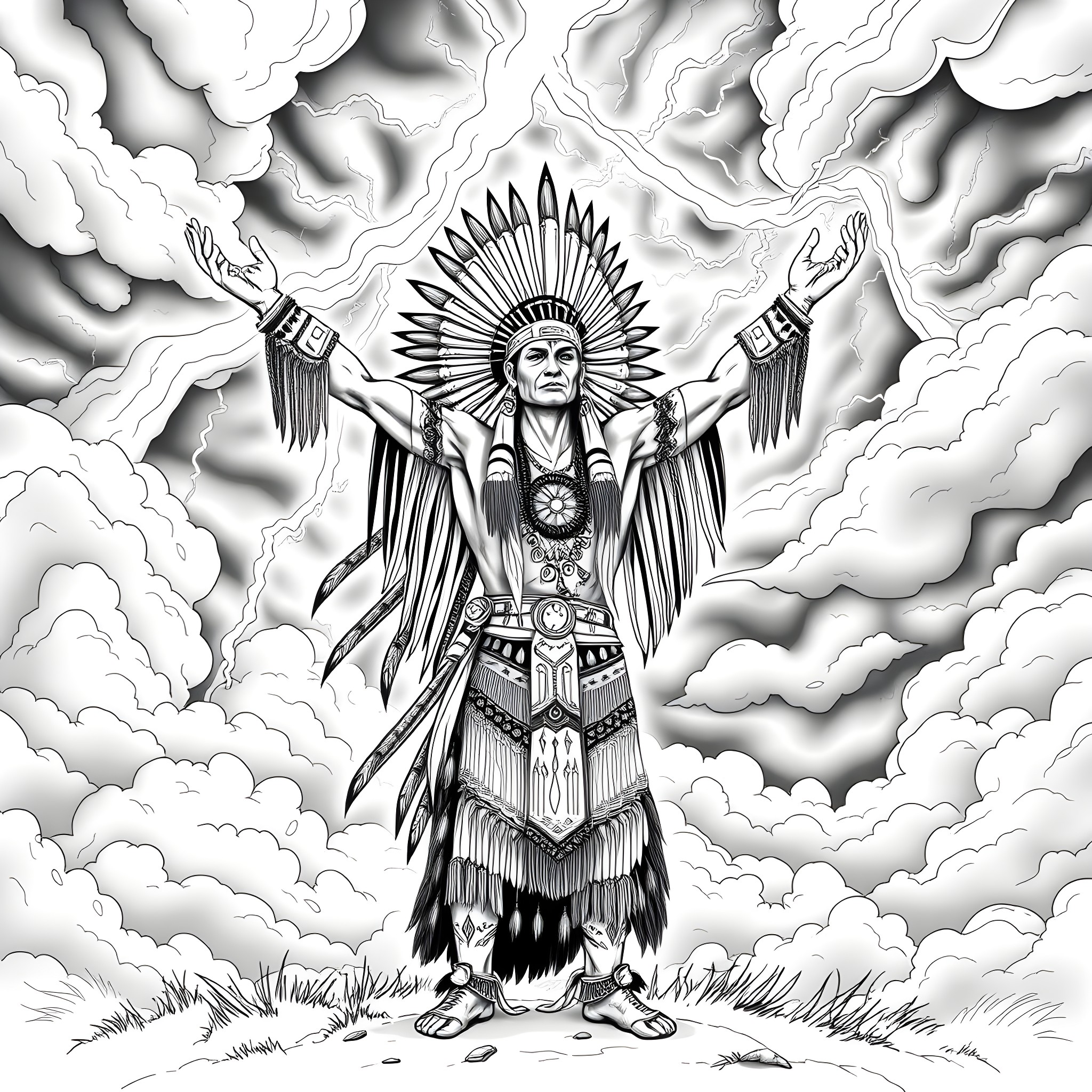 Cherokee Spirit: Majestic Indigenous Figure in Ceremonial Attire Coloring Page (free black-and-white line drawing printable PDF for all, from beginners to advanced learners, including children, teens, adults, and seniors)
