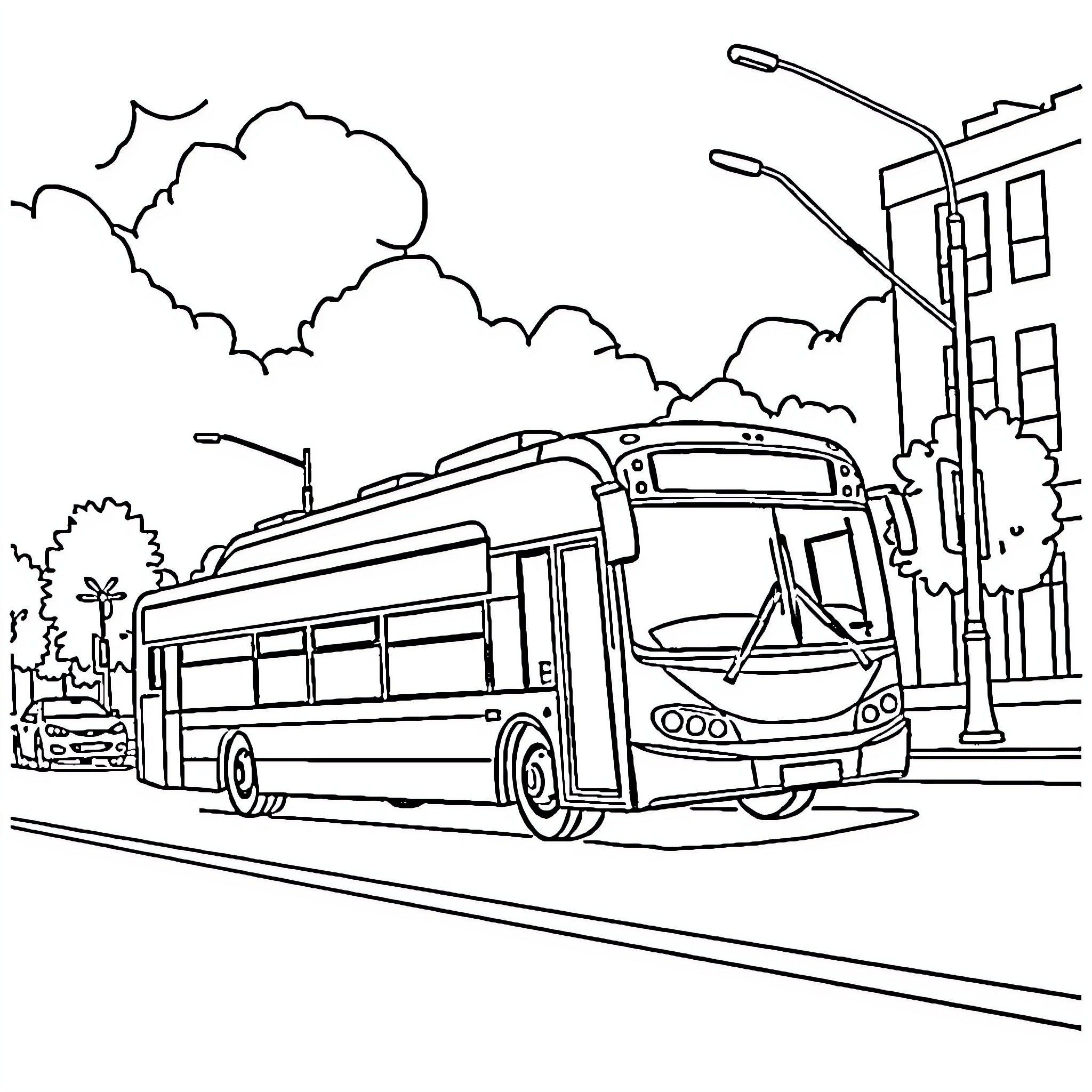 Bus traveling through city landscape Coloring Page (free black-and-white line drawing printable PDF for all, from beginners to advanced learners, including children, teens, adults, and seniors)