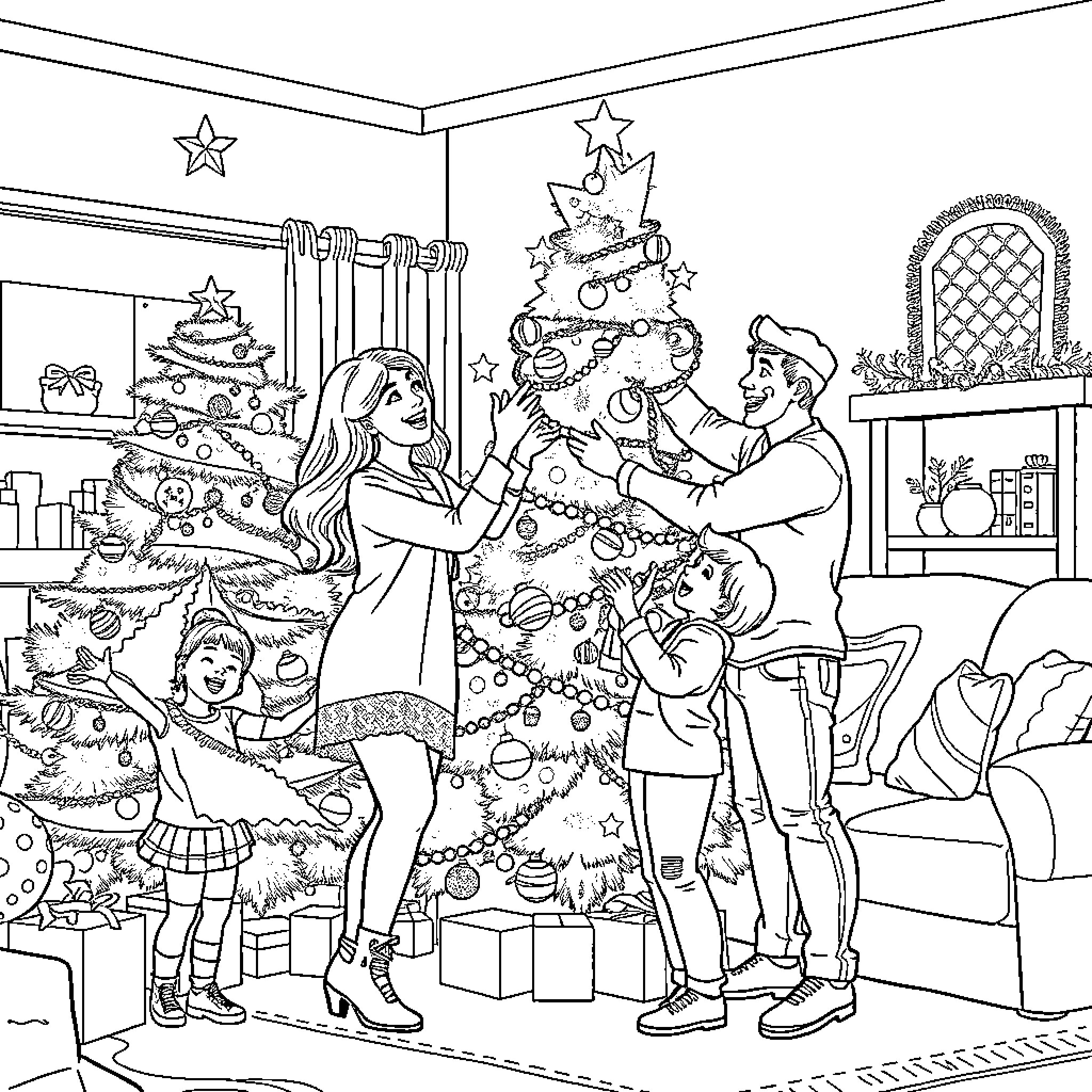 Family celebrating Christmas together at home Coloring Page (free black-and-white line drawing printable PDF for all, from beginners to advanced learners, including children, teens, adults, and seniors)