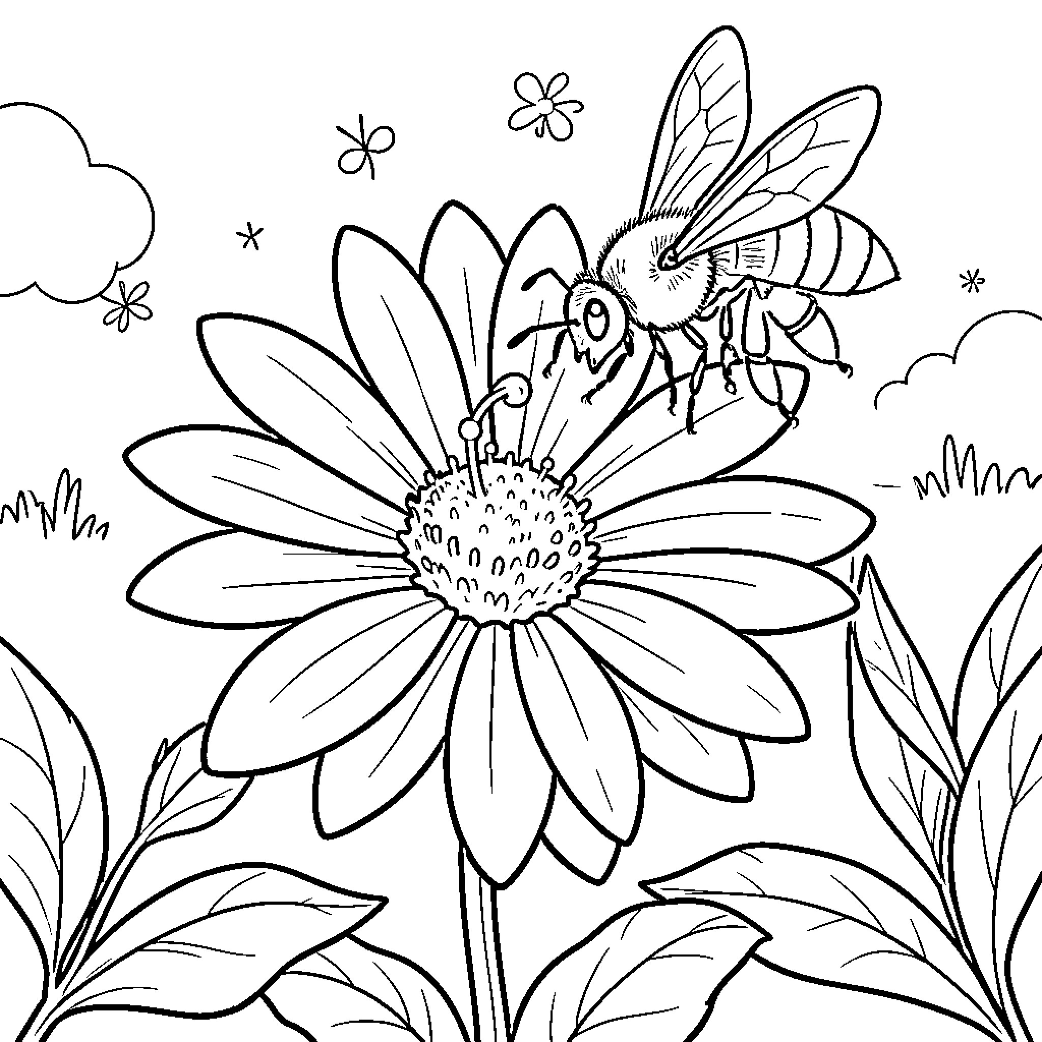 Bee landing on a large blooming flower Coloring Page (free black-and-white line drawing printable PDF for all, from beginners to advanced learners, including children, teens, adults, and seniors)