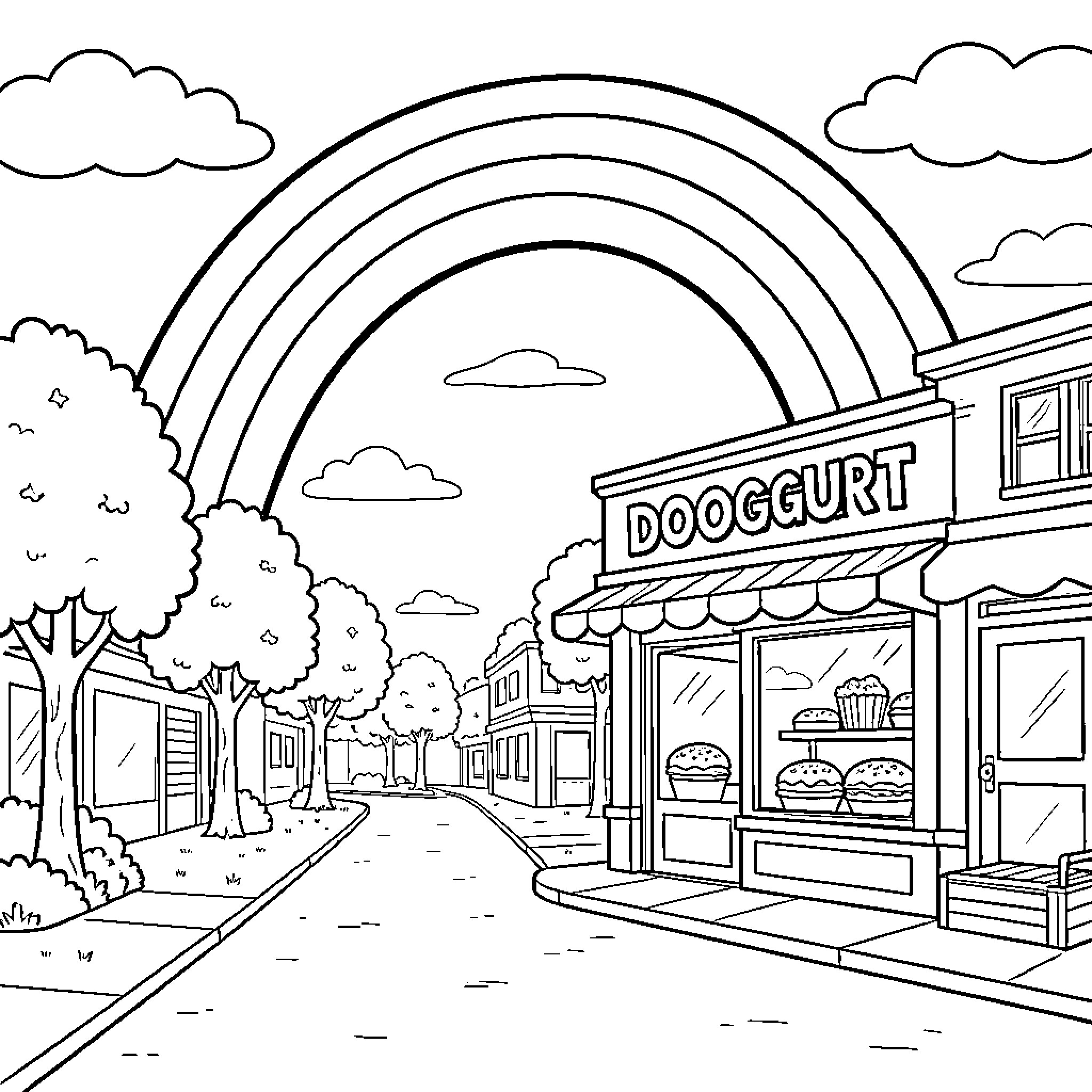 Rainbow arching over a cozy street storefront Coloring Page (free black-and-white line drawing printable PDF for all, from beginners to advanced learners, including children, teens, adults, and seniors)