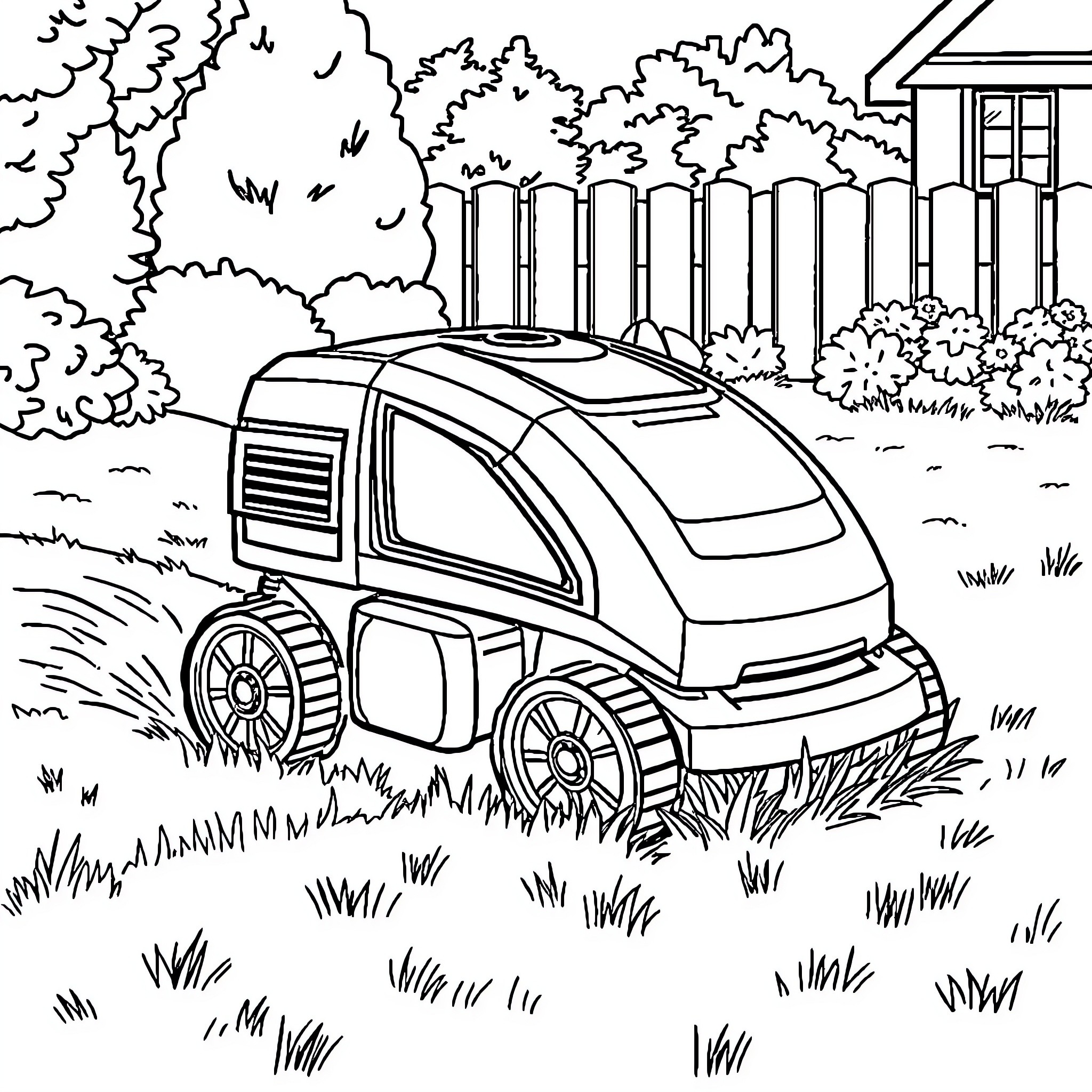 Robot lawn mower in the backyard Coloring Page (free black-and-white line drawing printable PDF for all, from beginners to advanced learners, including children, teens, adults, and seniors)