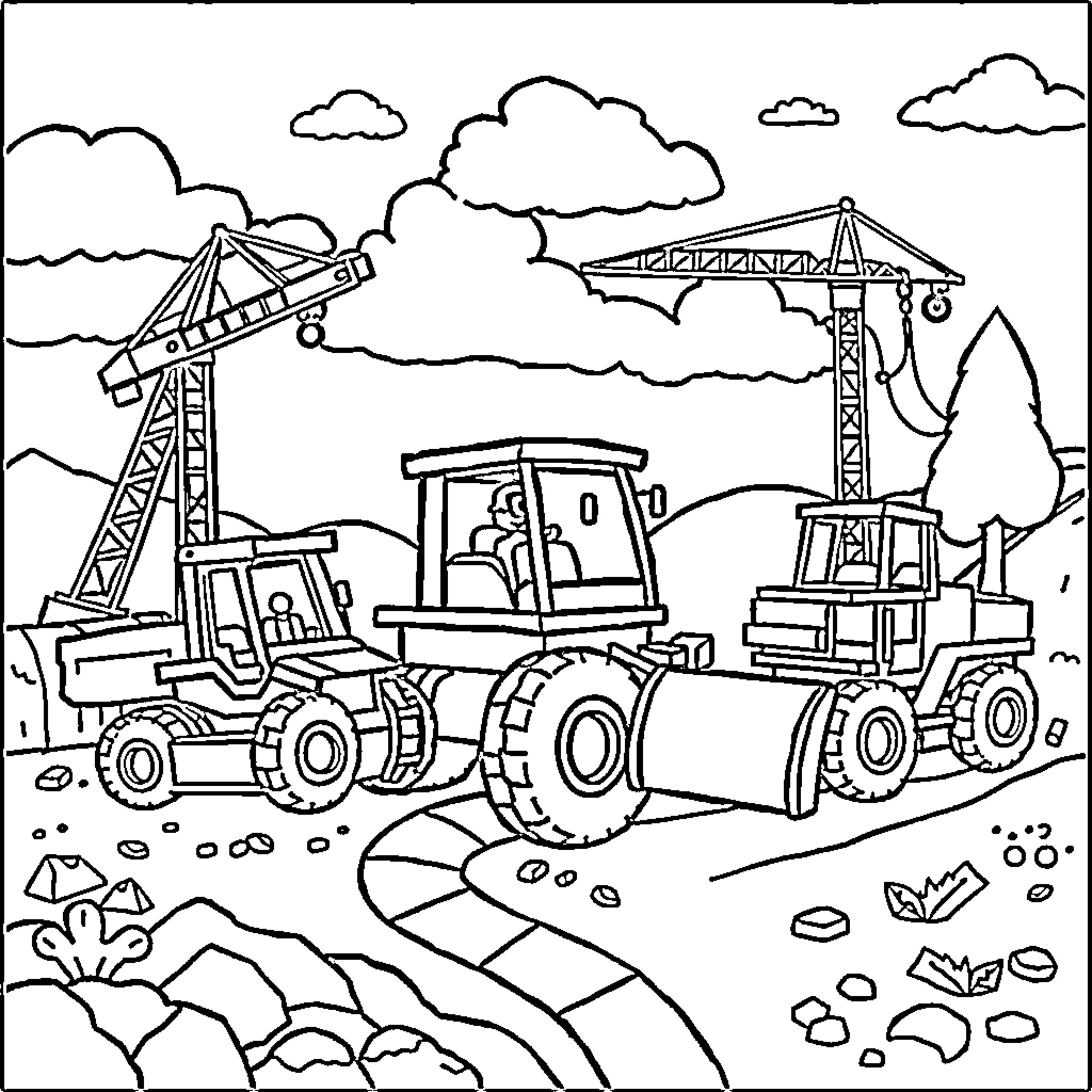 Construction Vehicle Scene with Cranes and Machinery Coloring Page (free black-and-white line drawing printable PDF for all, from beginners to advanced learners, including children, teens, adults, and seniors)