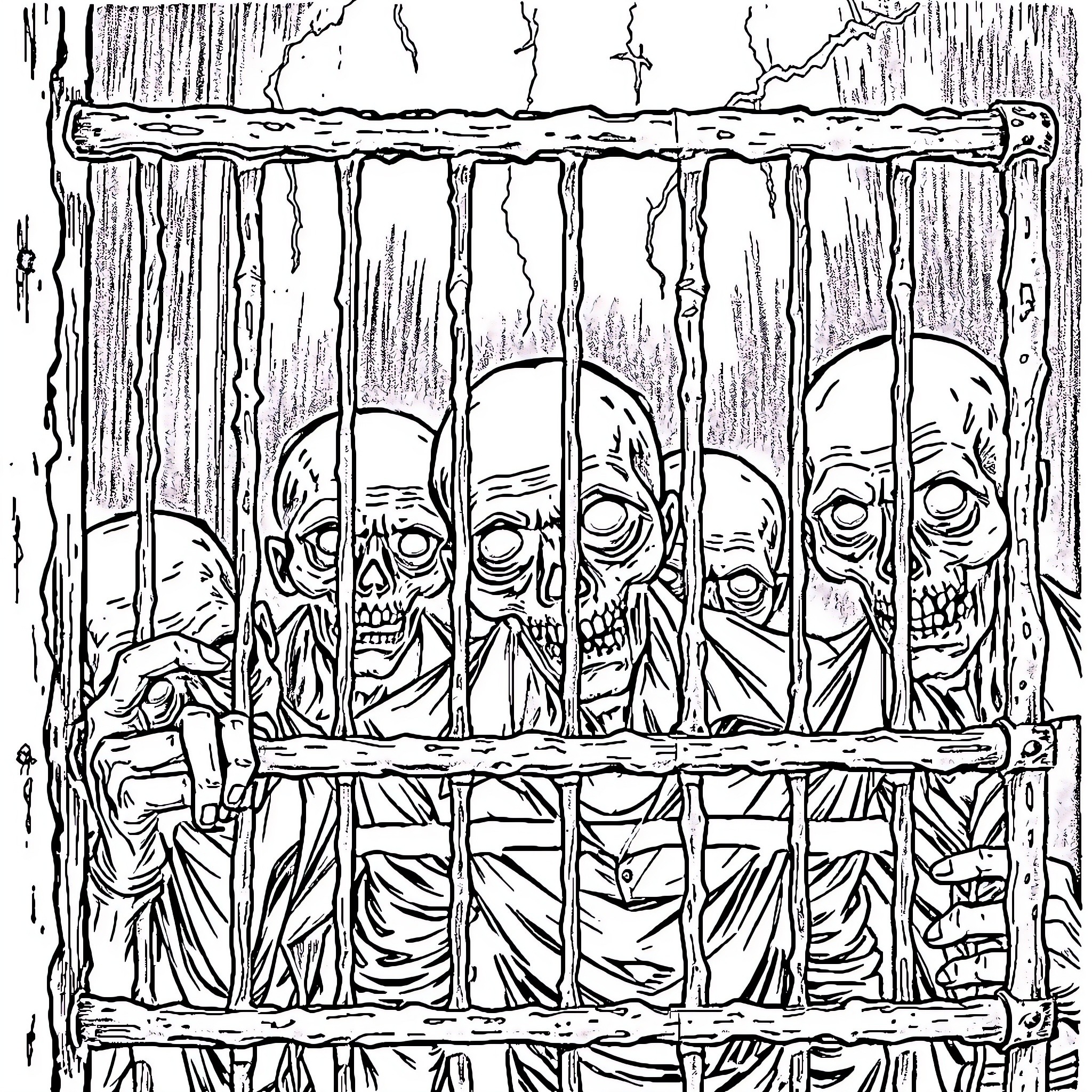 Zombie Prisoners Lurking Behind Bars Coloring Page (free black-and-white line drawing printable PDF for all, from beginners to advanced learners, including children, teens, adults, and seniors)