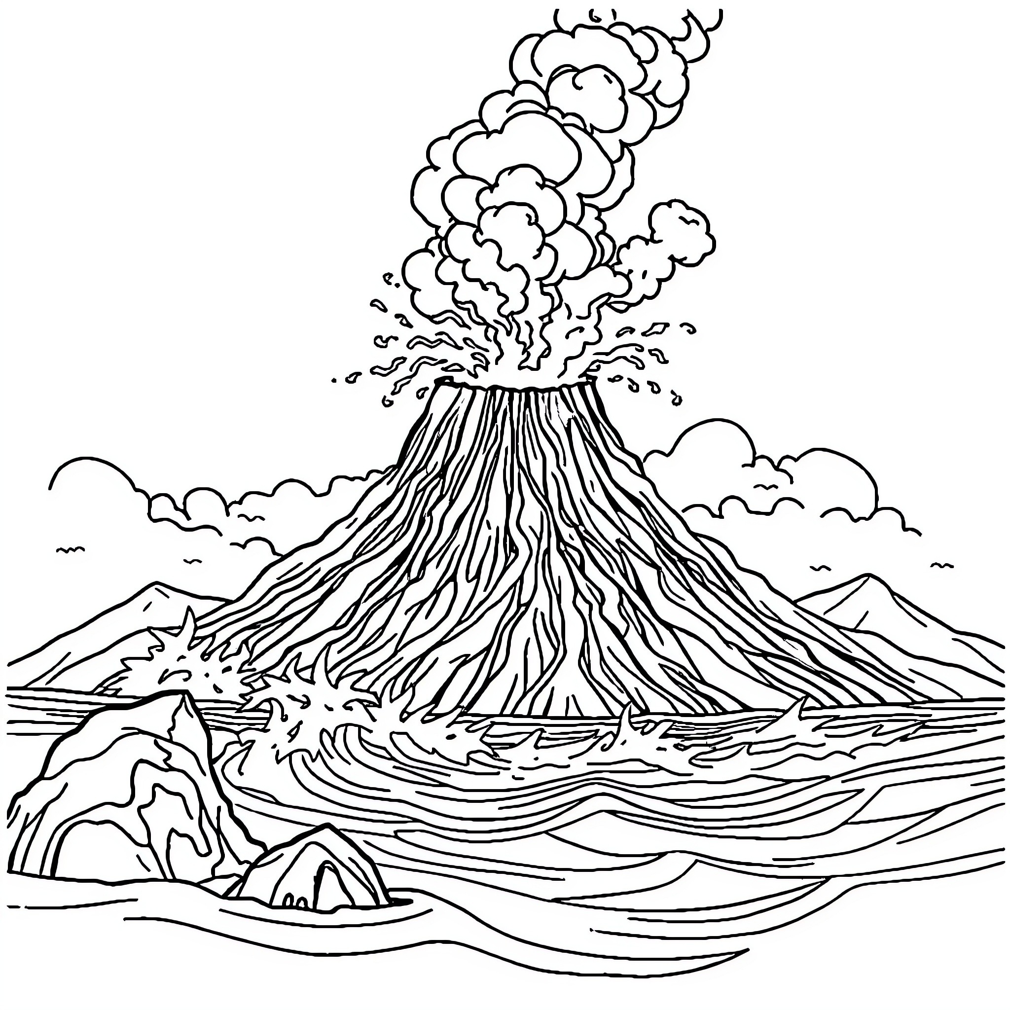 Volcano erupting with dramatic clouds and landscapes Coloring Page (free black-and-white line drawing printable PDF for all, from beginners to advanced learners, including children, teens, adults, and seniors)