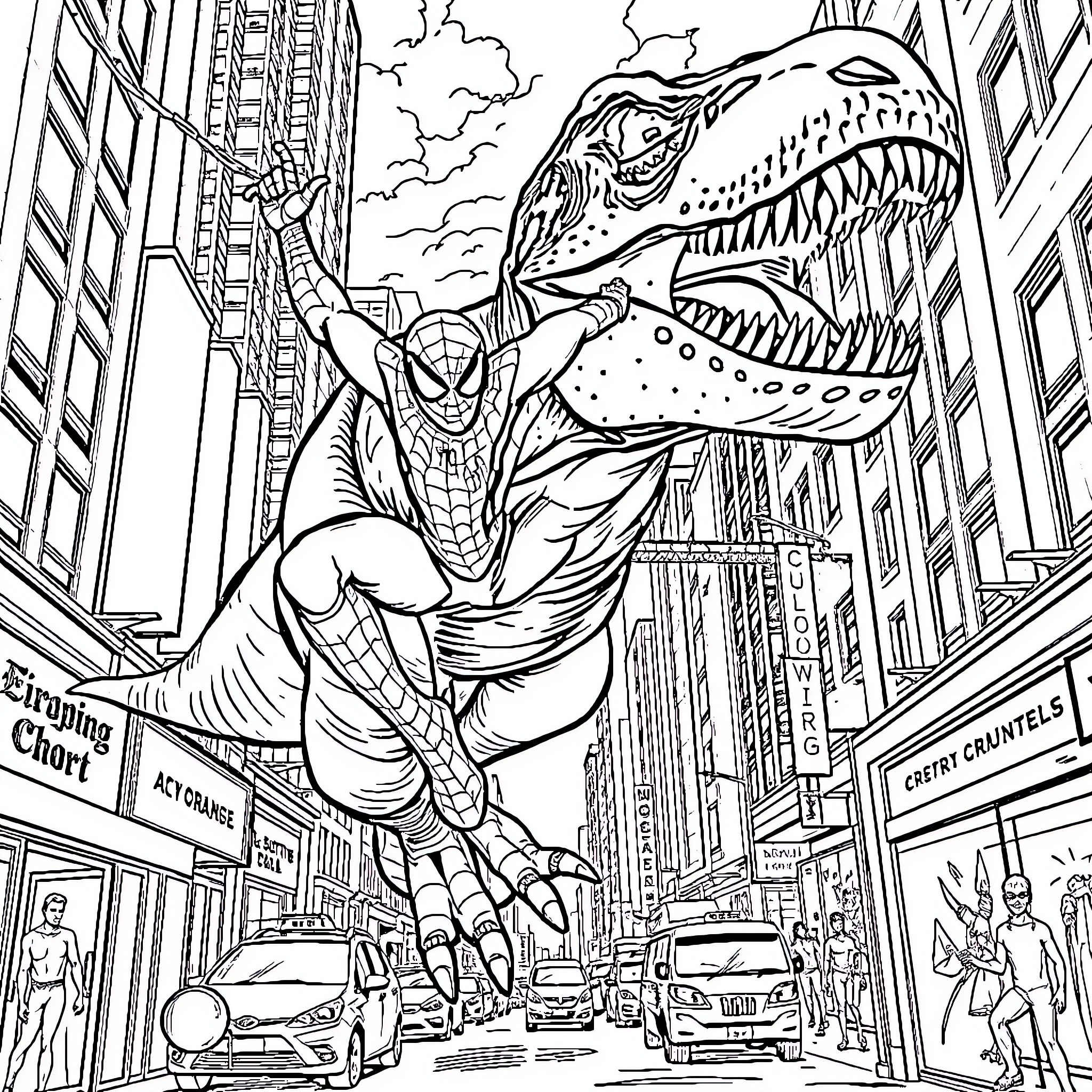 Spiderman swinging through a city with a giant dinosaur Coloring Page (free black-and-white line drawing printable PDF for all, from beginners to advanced learners, including children, teens, adults, and seniors)