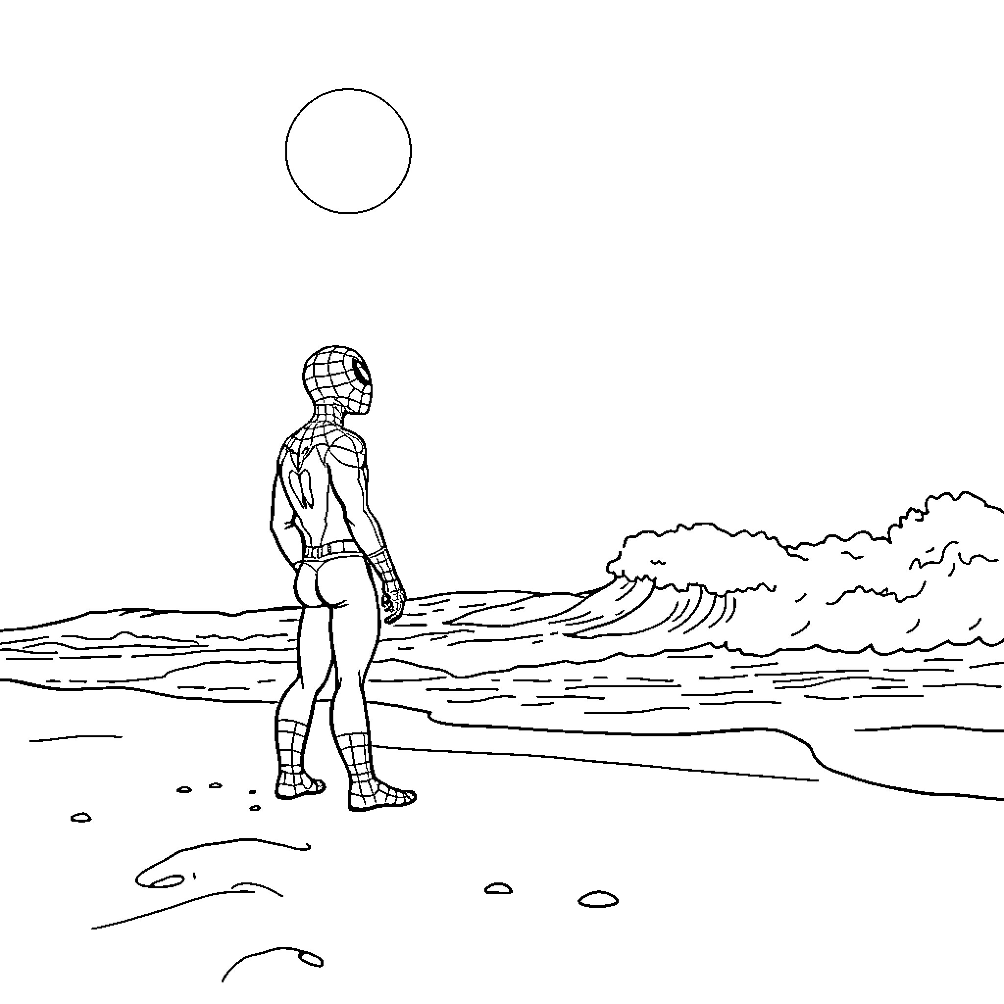 Spiderman standing alone on a beach facing waves Coloring Page (free black-and-white line drawing printable PDF for all, from beginners to advanced learners, including children, teens, adults, and seniors)