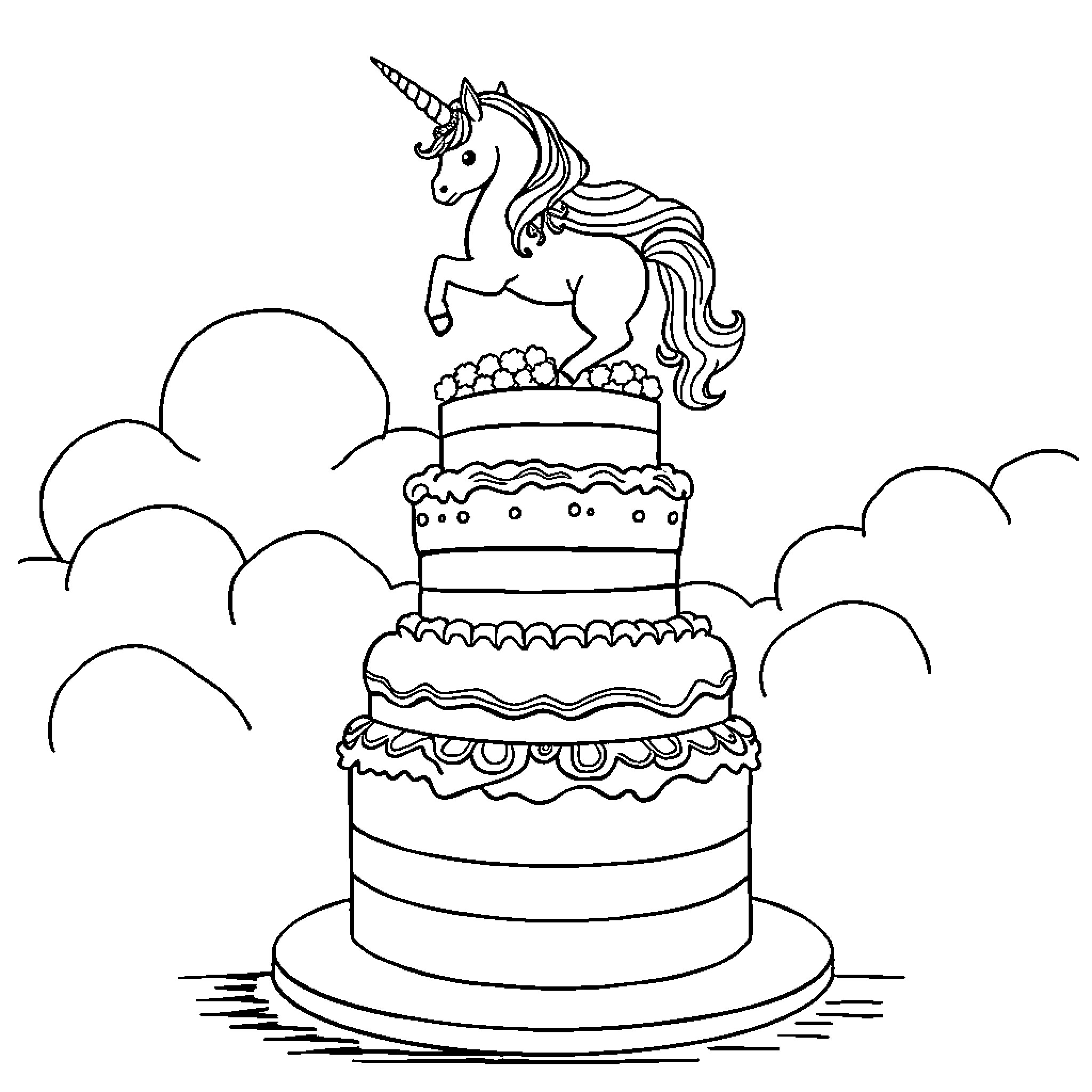 Cake with a Whimsical Unicorn Topper Coloring Page (free black-and-white line drawing printable PDF for all, from beginners to advanced learners, including children, teens, adults, and seniors)