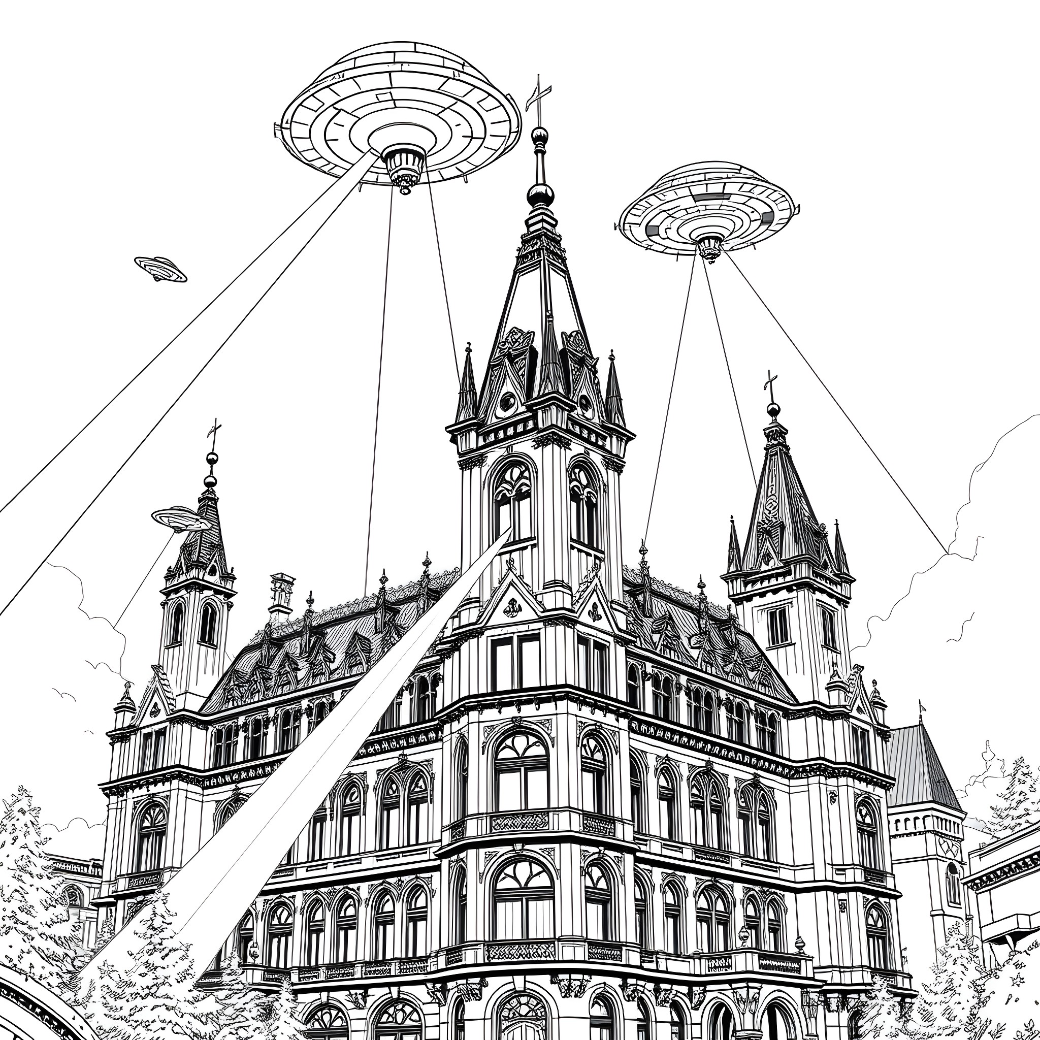 Alien Invasion of a Majestic Castle Coloring Page (free black-and-white line drawing printable PDF for all, from beginners to advanced learners, including children, teens, adults, and seniors)