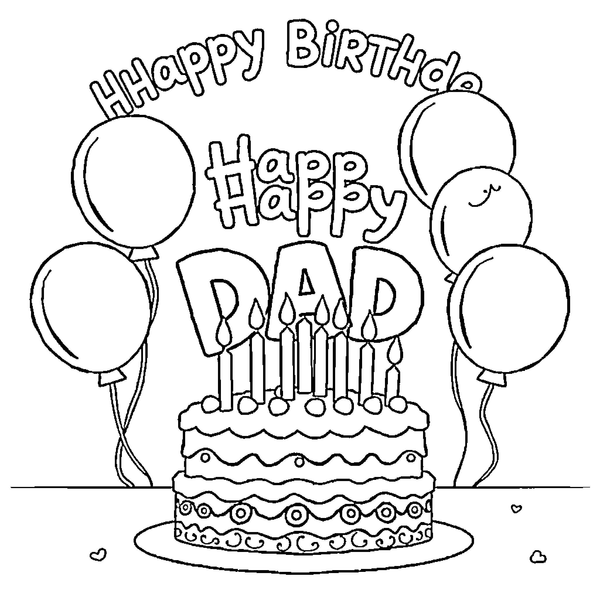 Birthday cake, balloons, and 'Happy Birthday' text Coloring Page (free black-and-white line drawing printable PDF for all, from beginners to advanced learners, including children, teens, adults, and seniors)