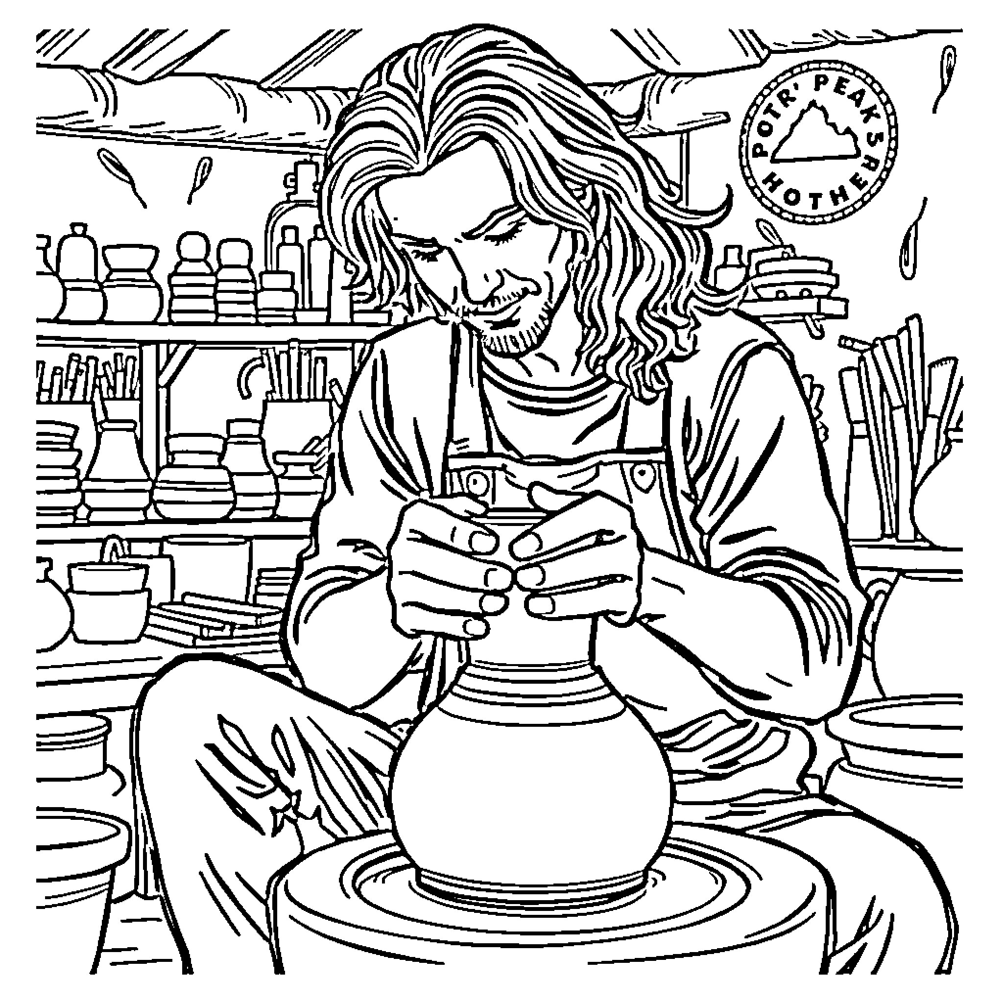Potter creating a masterpiece in the studio Coloring Page (free black-and-white line drawing printable PDF for all, from beginners to advanced learners, including children, teens, adults, and seniors)