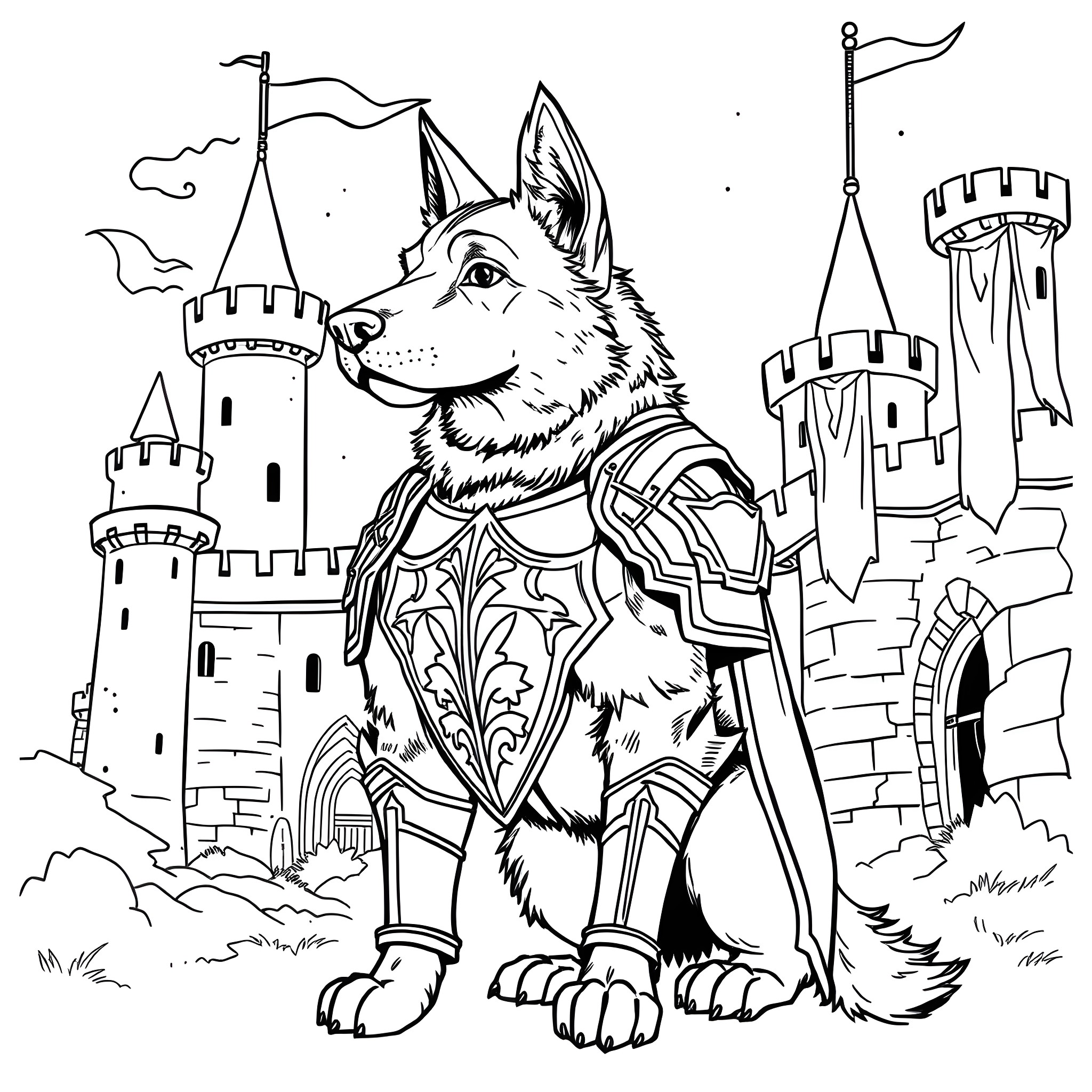 Dog standing guard at the castle Coloring Page (free black-and-white line drawing printable PDF for all, from beginners to advanced learners, including children, teens, adults, and seniors)