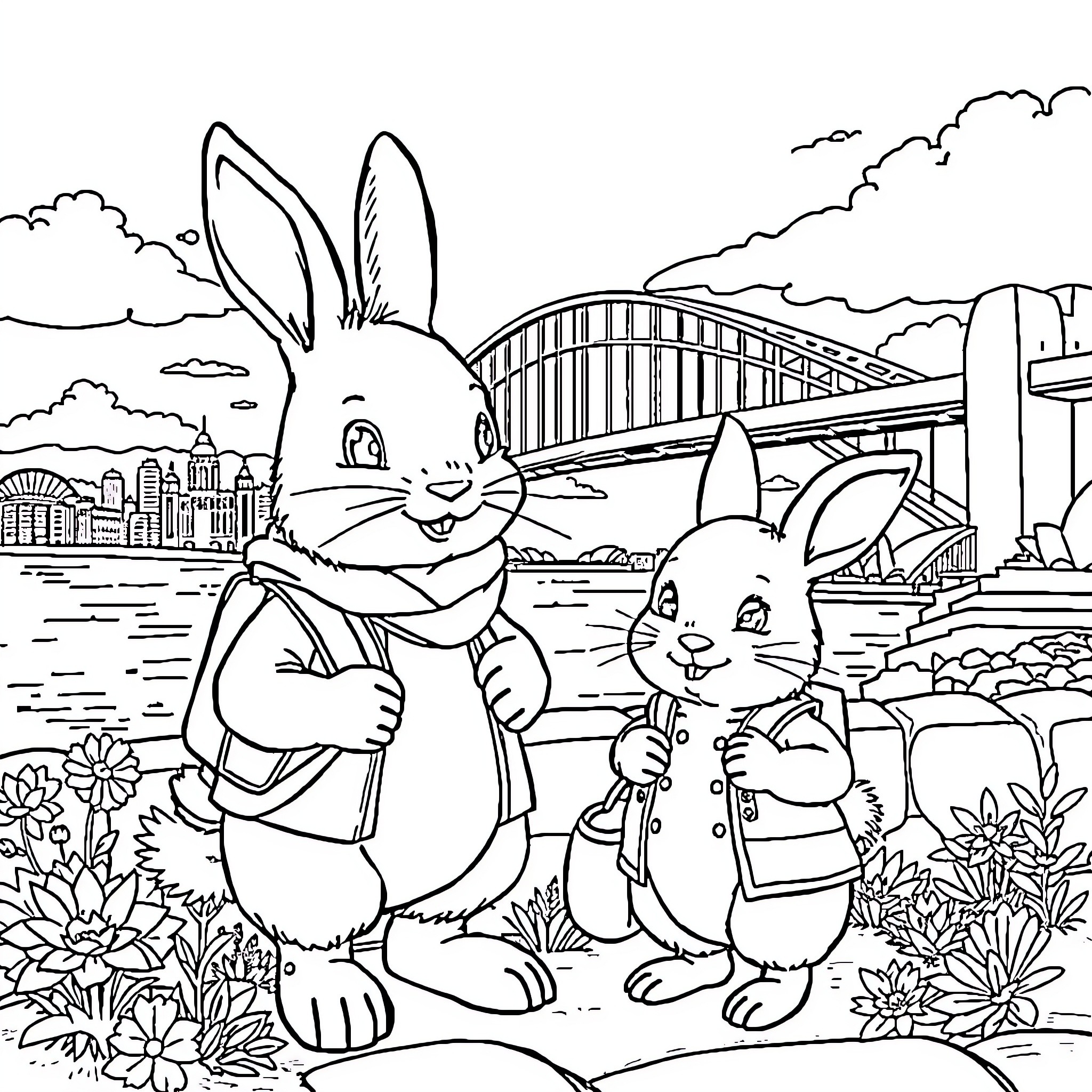 Bluey's Joyful Adventure in the City Coloring Page (free black-and-white line drawing printable PDF for all, from beginners to advanced learners, including children, teens, adults, and seniors)