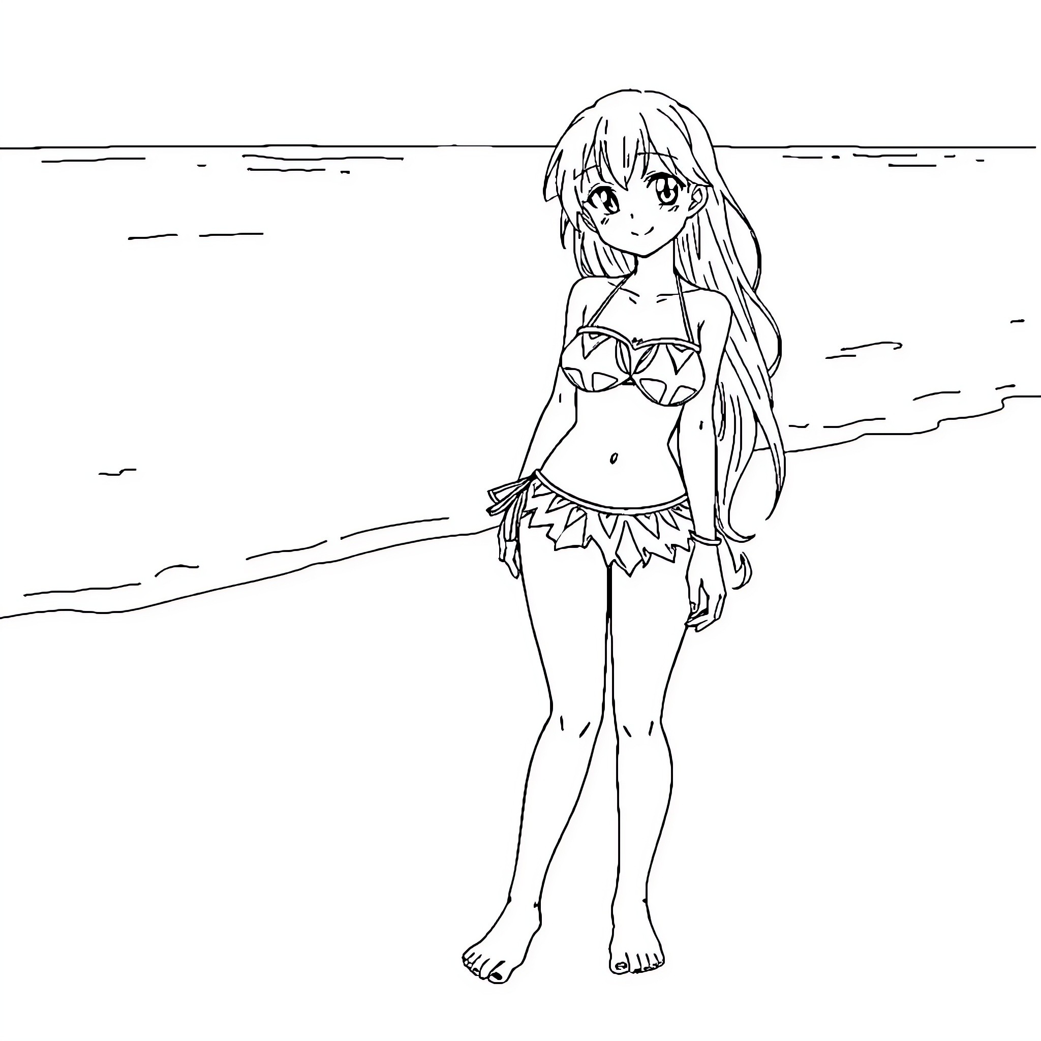 Hinata enjoying the beach in her swimwear Coloring Page (free black-and-white line drawing printable PDF for all, from beginners to advanced learners, including children, teens, adults, and seniors)