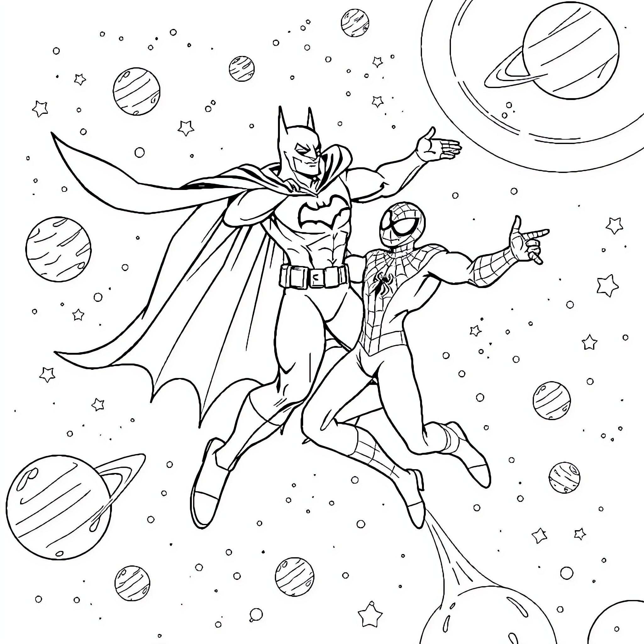 Batman and Spider-Man Exploring the Cosmic Universe Coloring Page (free black-and-white line drawing printable PDF for all, from beginners to advanced learners, including children, teens, adults, and seniors)
