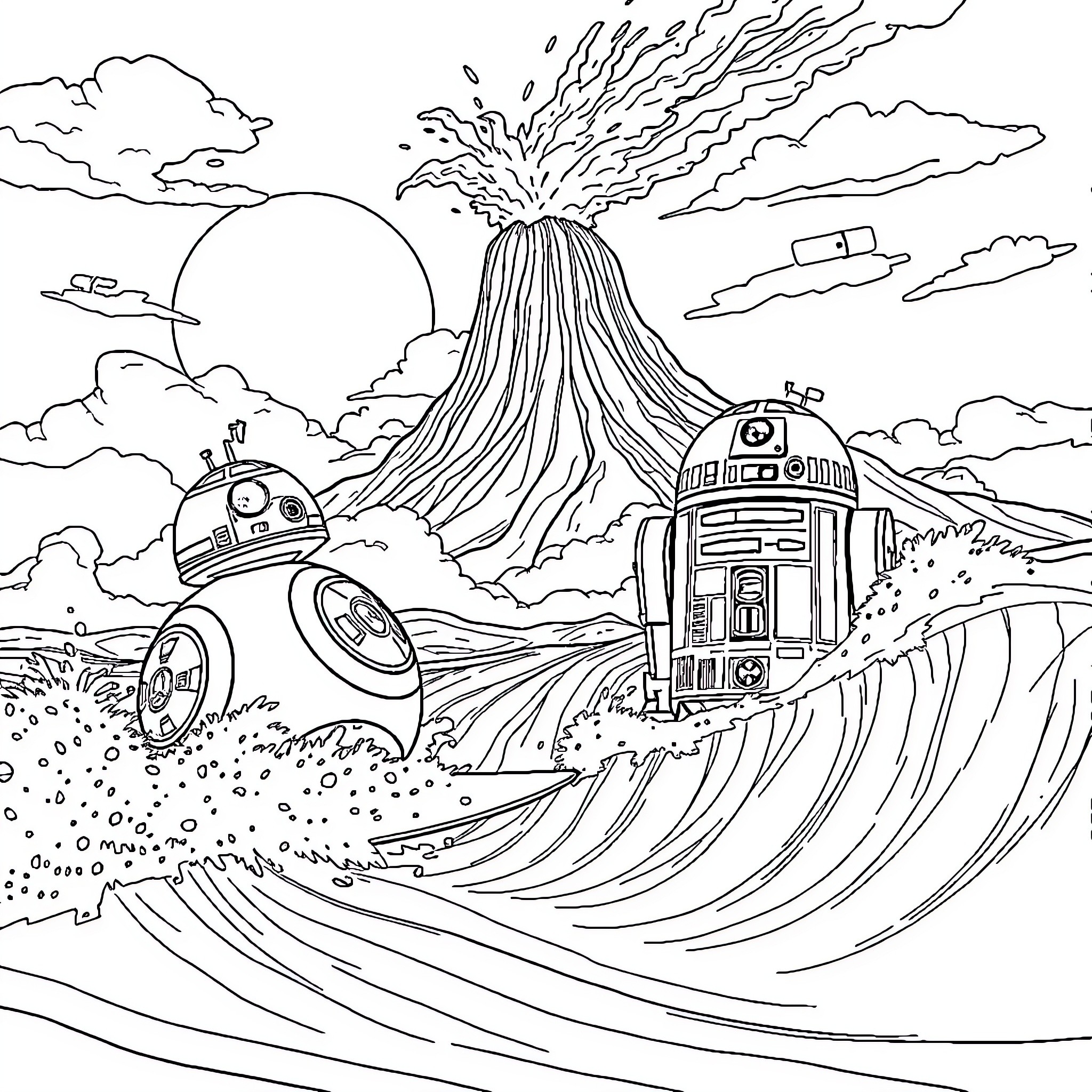 Droids exploring alien landscape with volcanic eruption Coloring Page (free black-and-white line drawing printable PDF for all, from beginners to advanced learners, including children, teens, adults, and seniors)