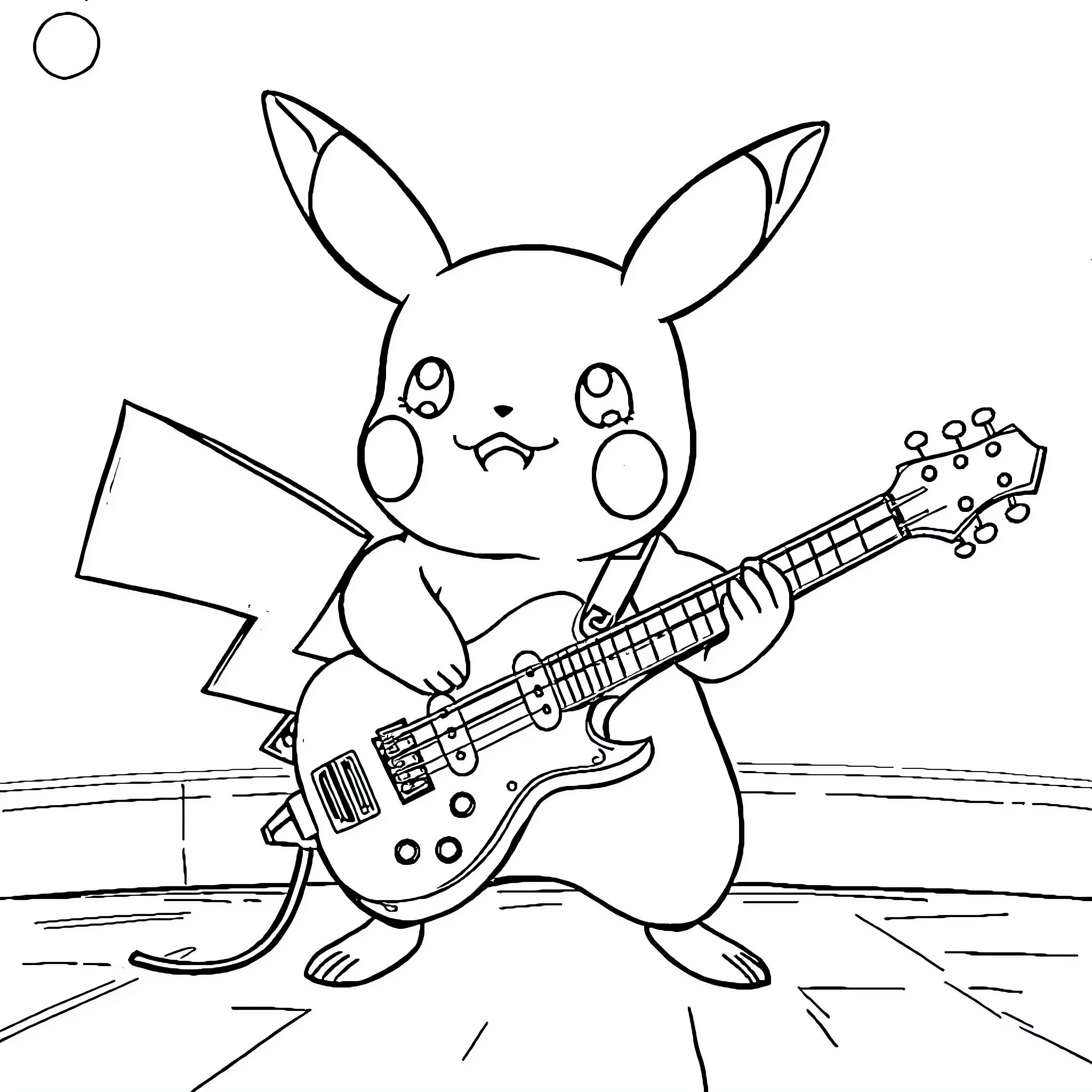 Pikachu rocking out with guitar on stage Coloring Page (free black-and-white line drawing printable PDF for all, from beginners to advanced learners, including children, teens, adults, and seniors)