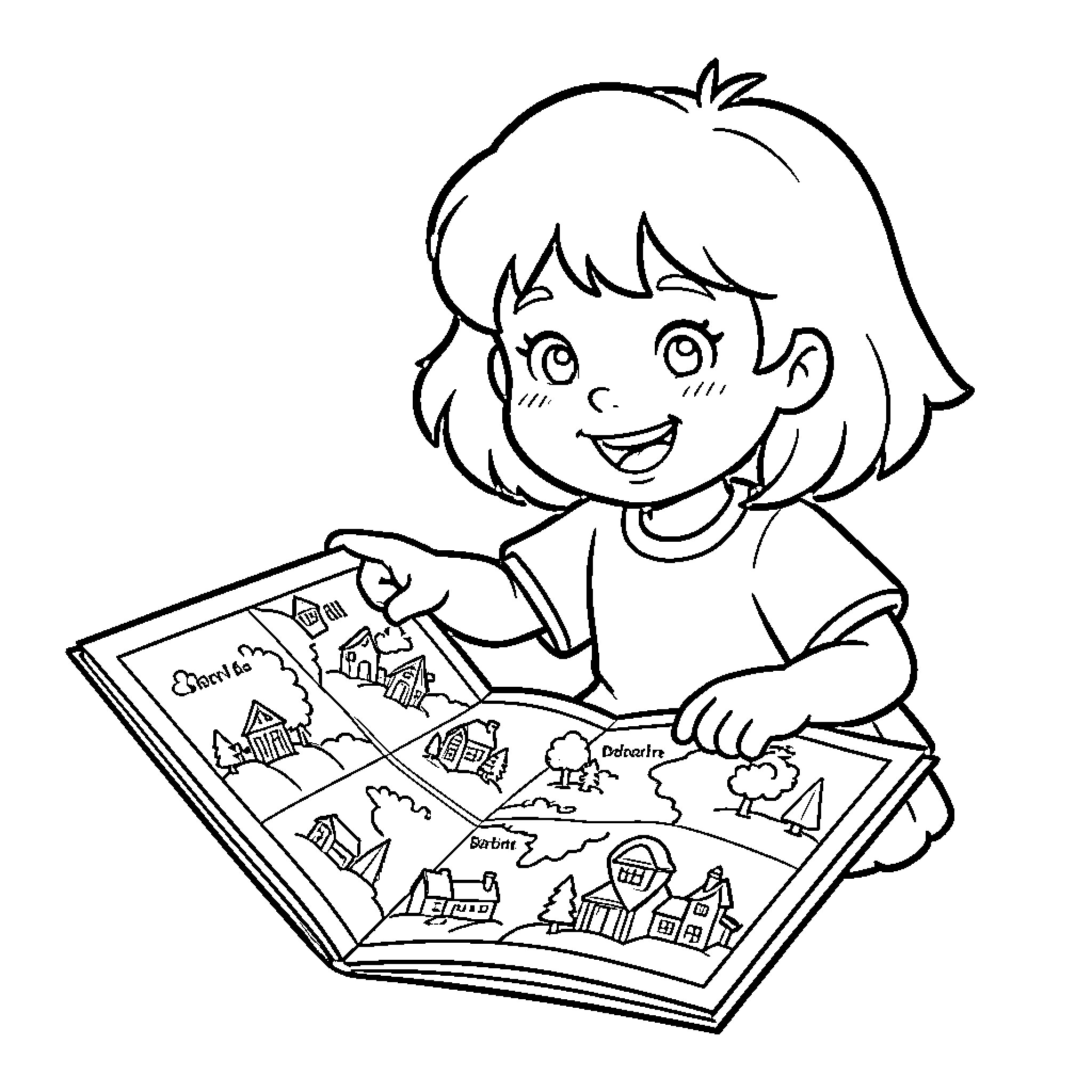 Dora smiling while reading a picture book Coloring Page (free black-and-white line drawing printable PDF for all, from beginners to advanced learners, including children, teens, adults, and seniors)