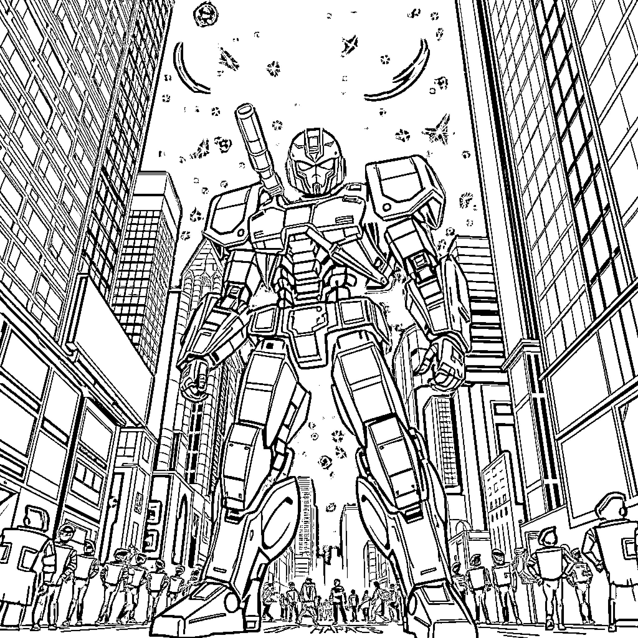 Mecha Man Dominates the Cityscape Coloring Page (free black-and-white line drawing printable PDF for all, from beginners to advanced learners, including children, teens, adults, and seniors)