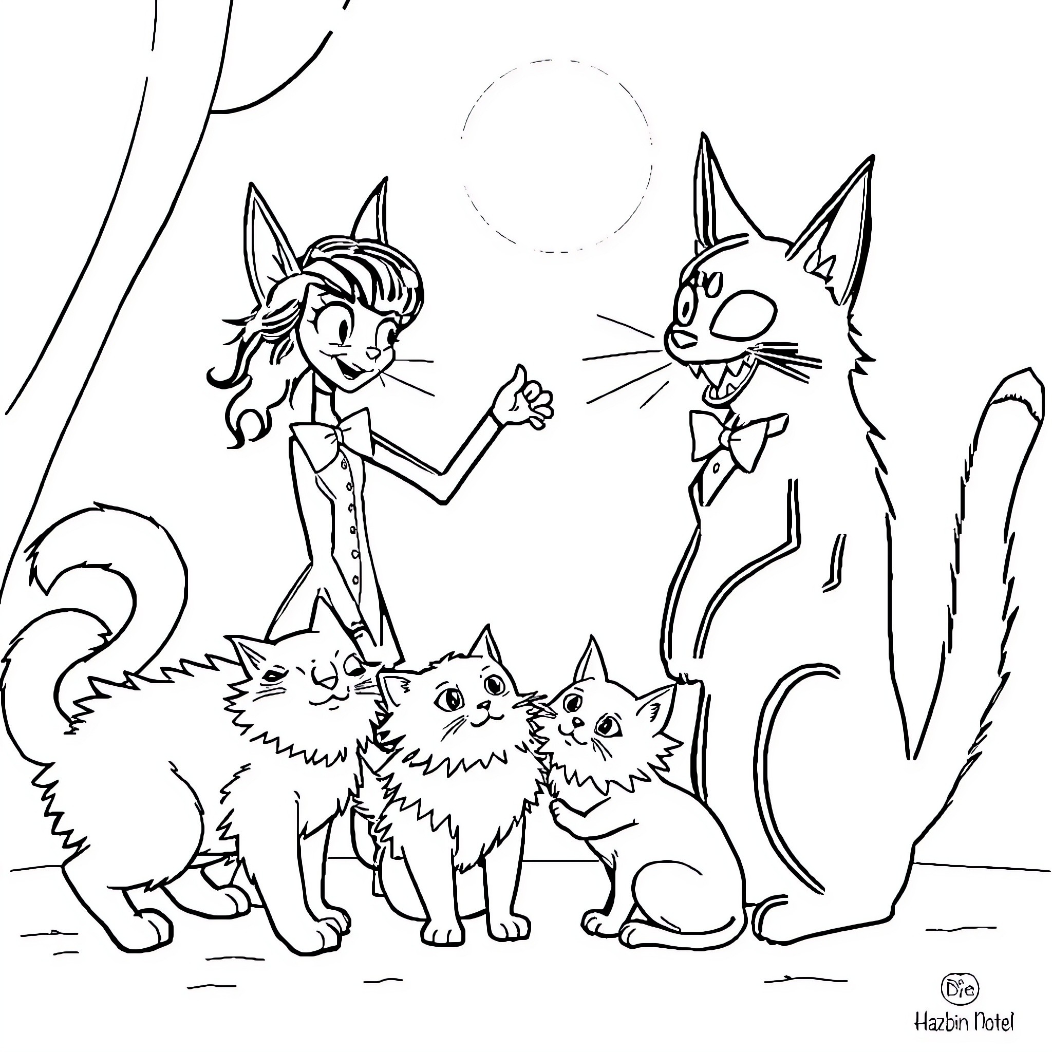 Hazbin Hotel Character Interacting with Feline Companions Coloring Page (free black-and-white line drawing printable PDF for all, from beginners to advanced learners, including children, teens, adults, and seniors)