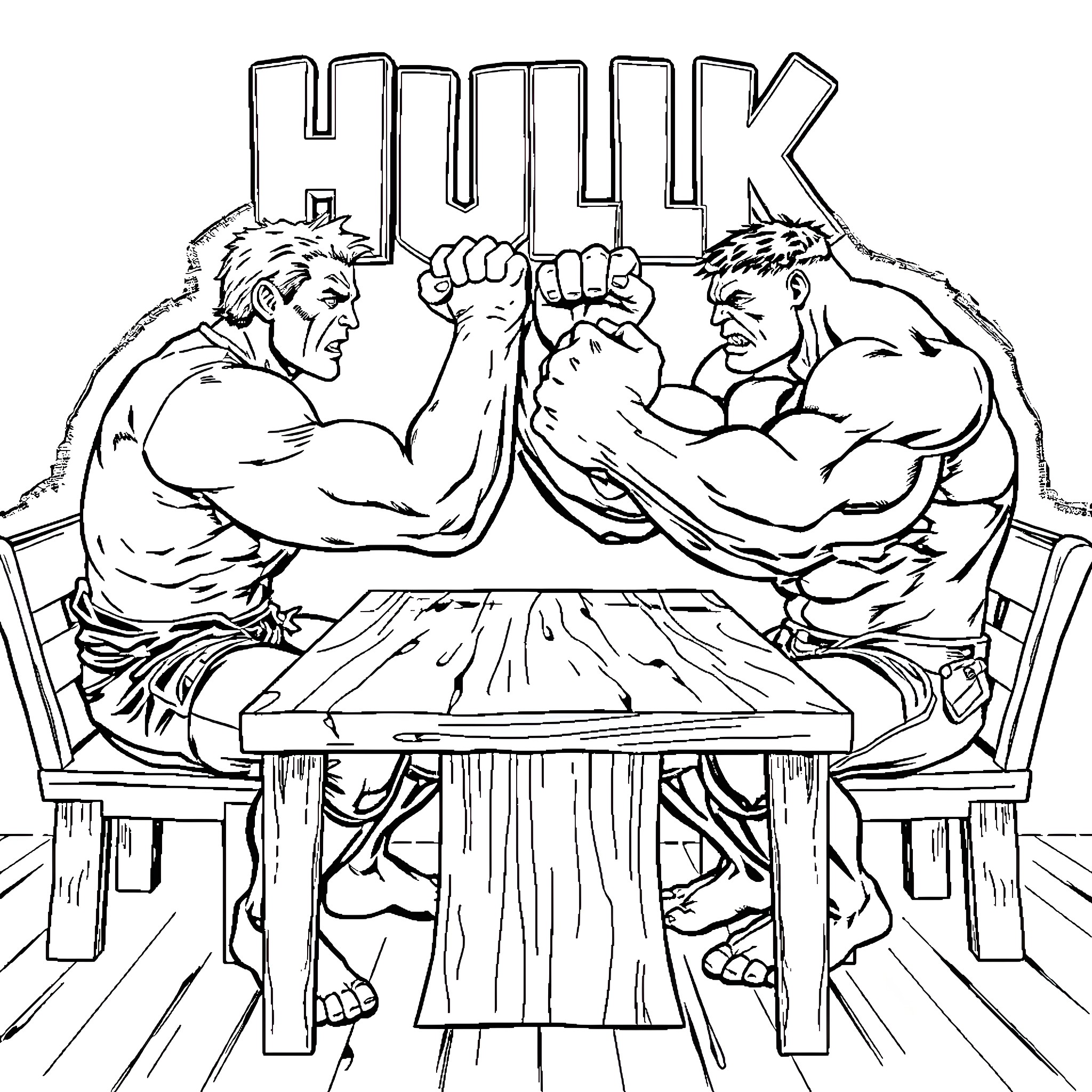 Hulk arm wrestling in an intense showdown Coloring Page (free black-and-white line drawing printable PDF for all, from beginners to advanced learners, including children, teens, adults, and seniors)