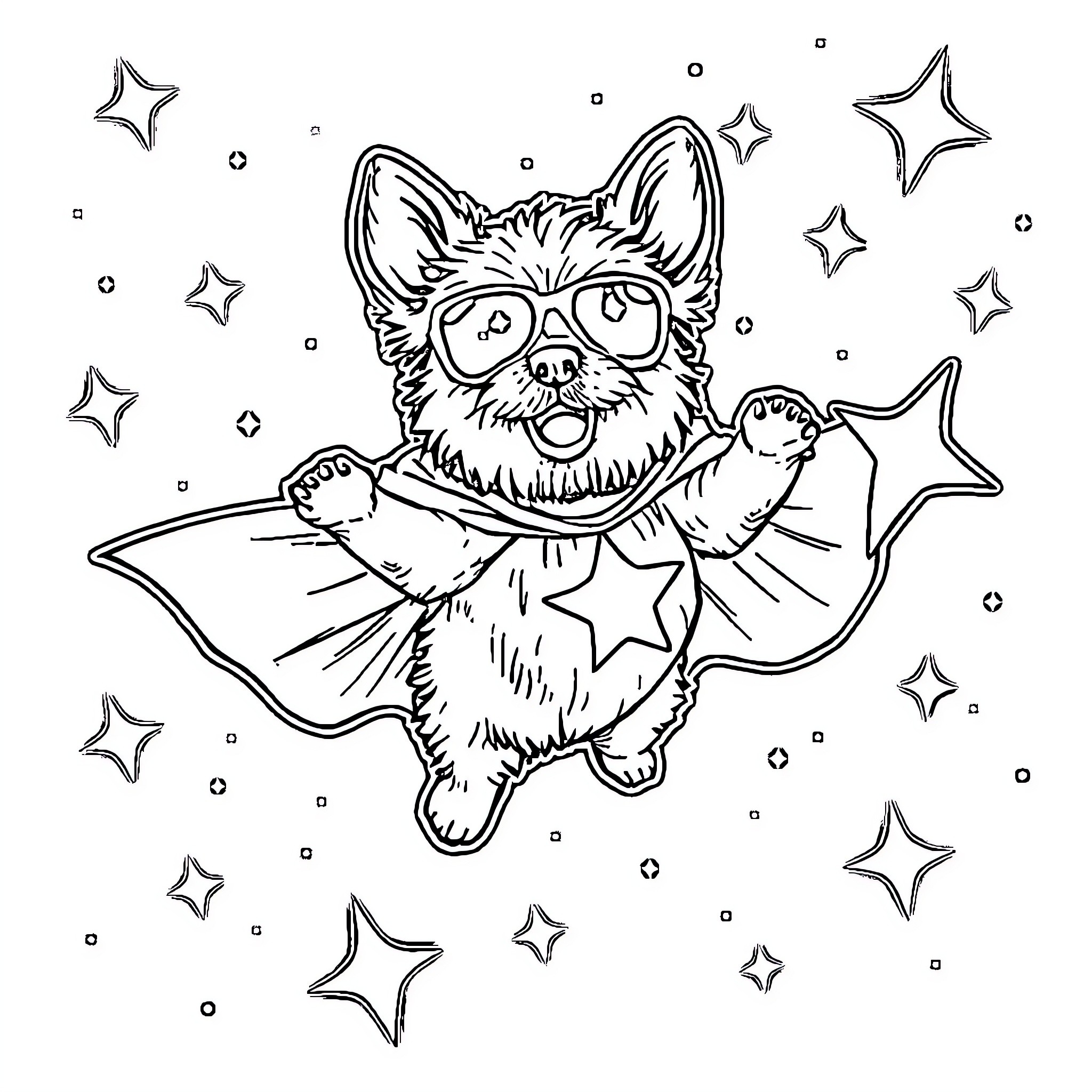 Superhero Pig flying among the stars Coloring Page (free black-and-white line drawing printable PDF for all, from beginners to advanced learners, including children, teens, adults, and seniors)