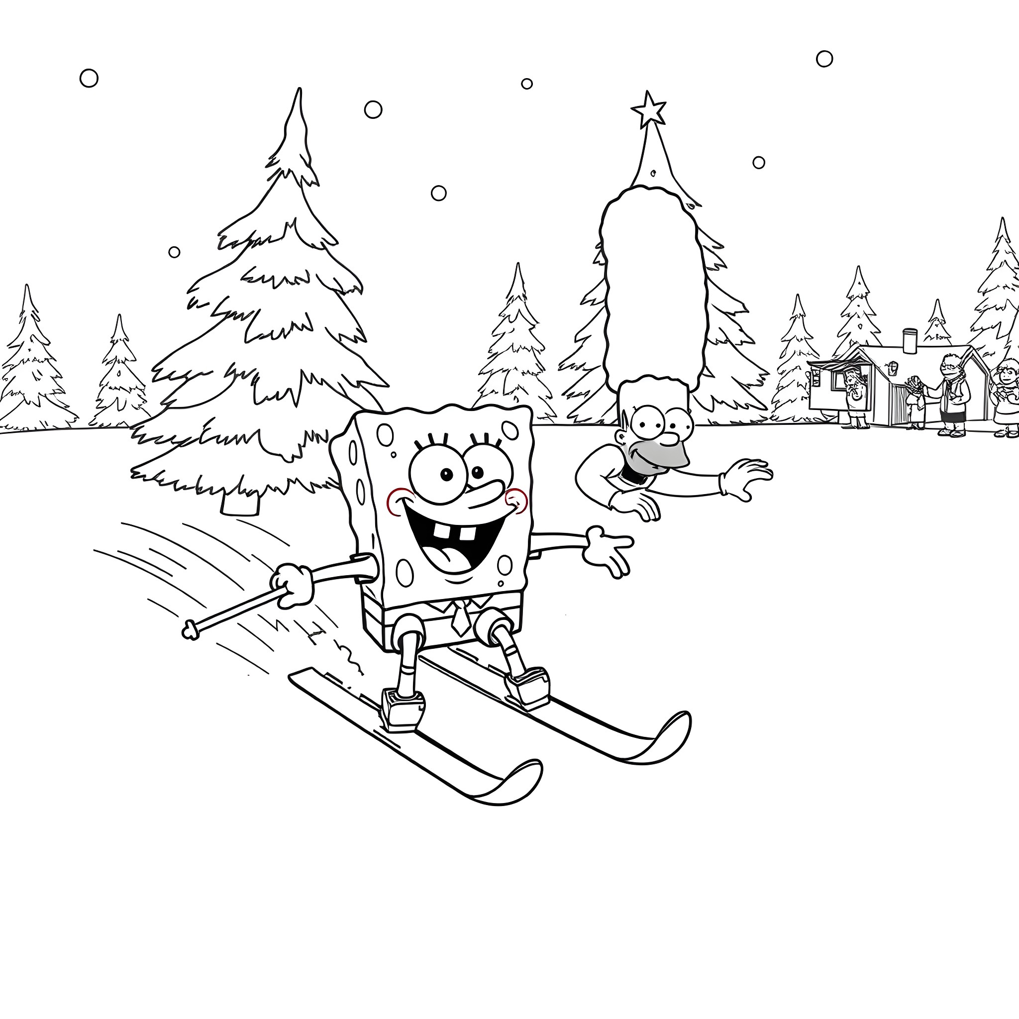 Spongebob skiing in a snowy winter wonderland Coloring Page (free black-and-white line drawing printable PDF for all, from beginners to advanced learners, including children, teens, adults, and seniors)