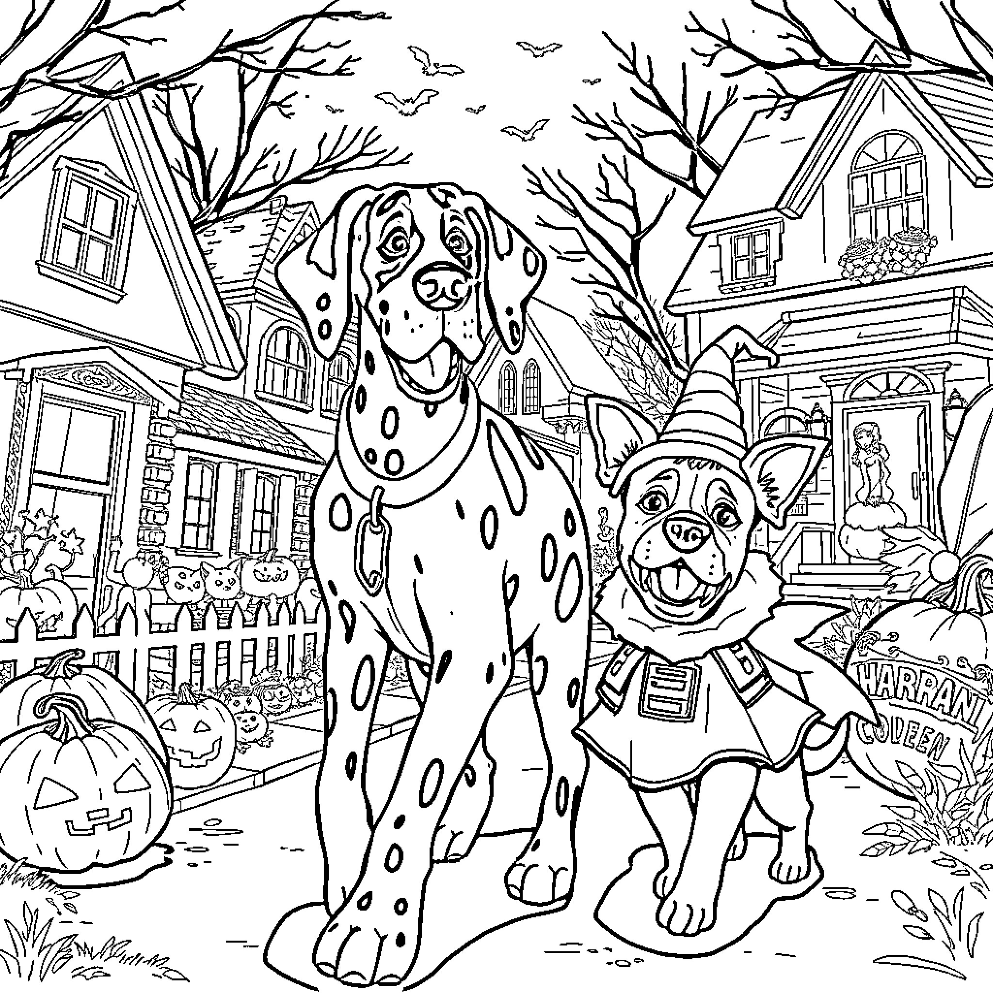 Dog and Puppy Playing in Spooky Halloween Scene Coloring Page (free black-and-white line drawing printable PDF for all, from beginners to advanced learners, including children, teens, adults, and seniors)
