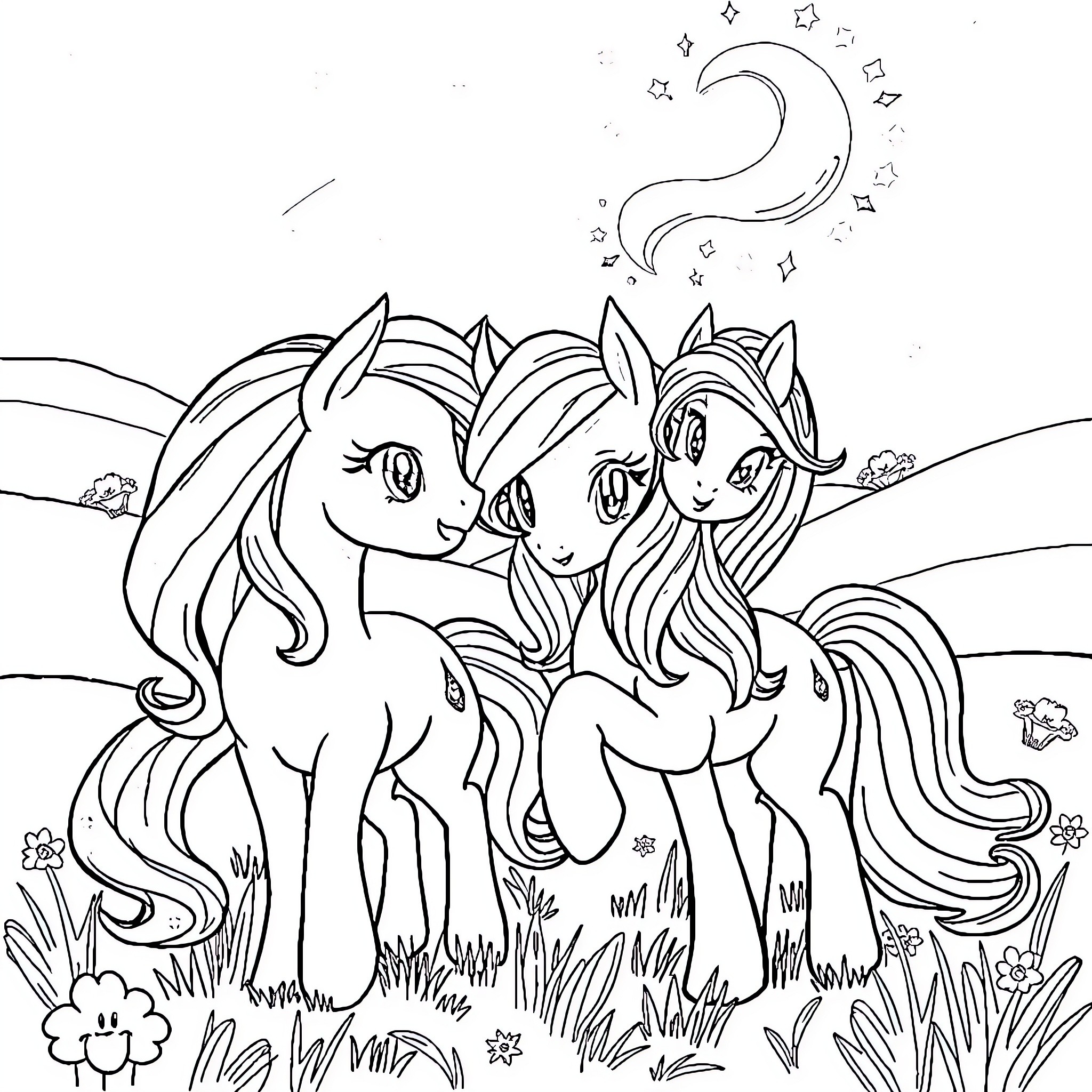 Pony trio in a whimsical meadow scene Coloring Page (free black-and-white line drawing printable PDF for all, from beginners to advanced learners, including children, teens, adults, and seniors)