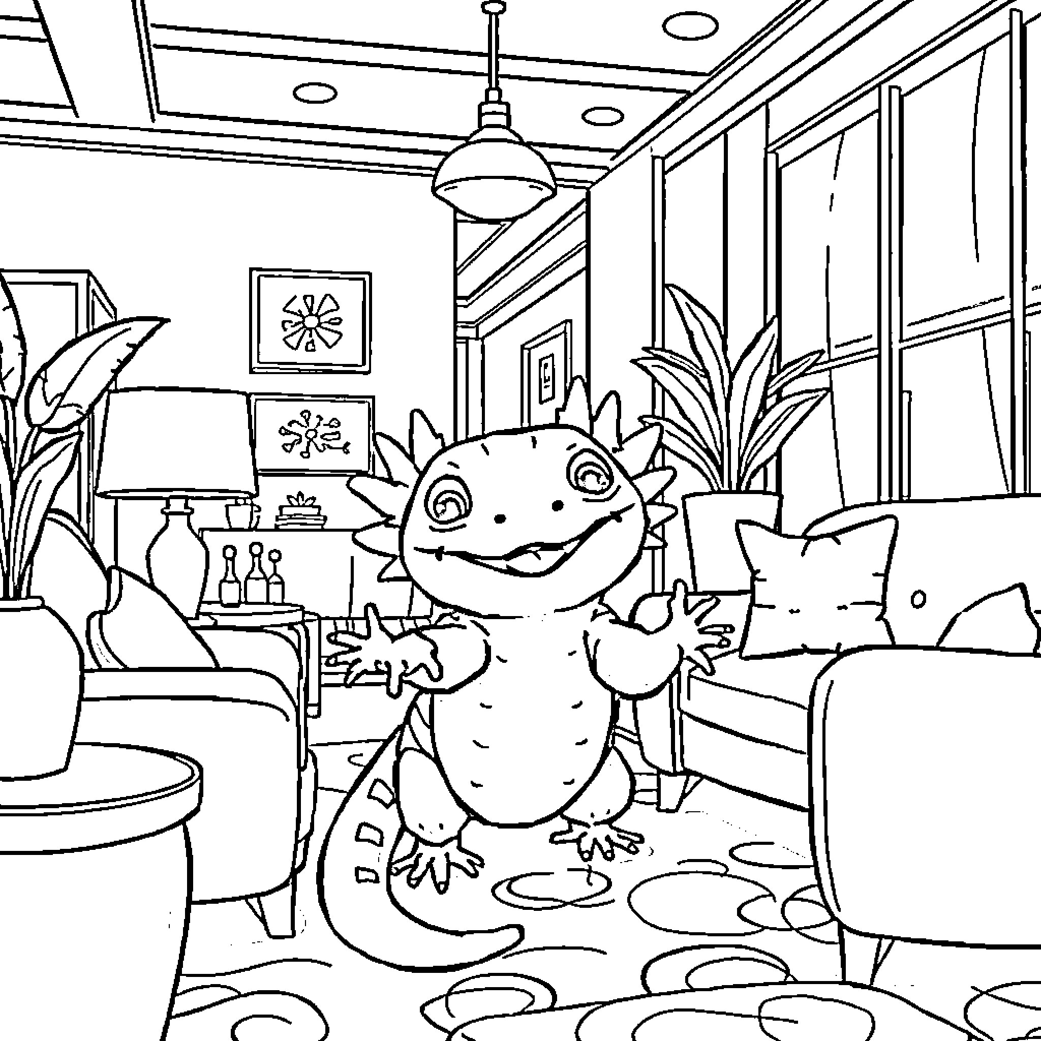 Axolotl exploring a cozy indoor setting Coloring Page (free black-and-white line drawing printable PDF for all, from beginners to advanced learners, including children, teens, adults, and seniors)