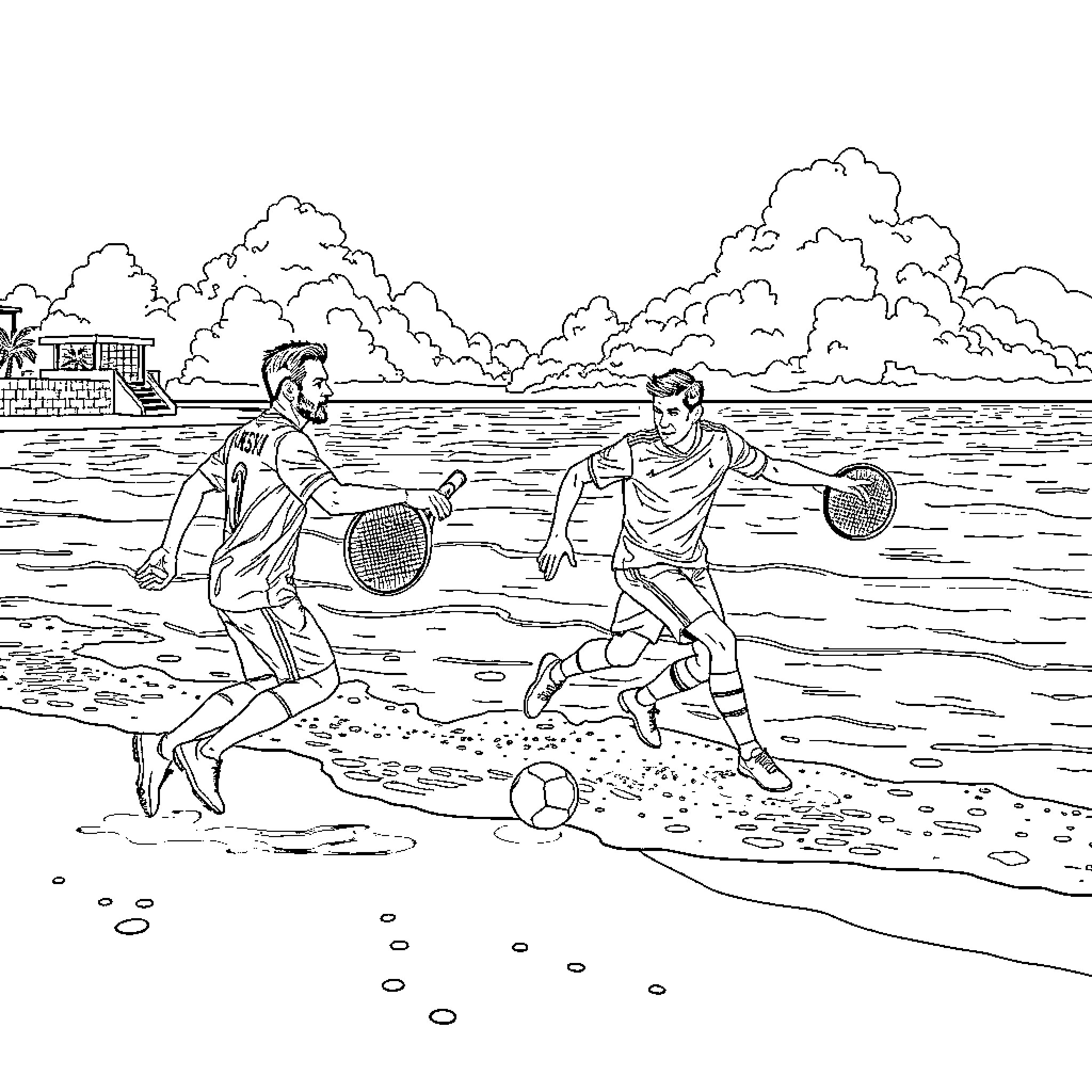 Messi playing beach soccer with friends Coloring Page (free black-and-white line drawing printable PDF for all, from beginners to advanced learners, including children, teens, adults, and seniors)